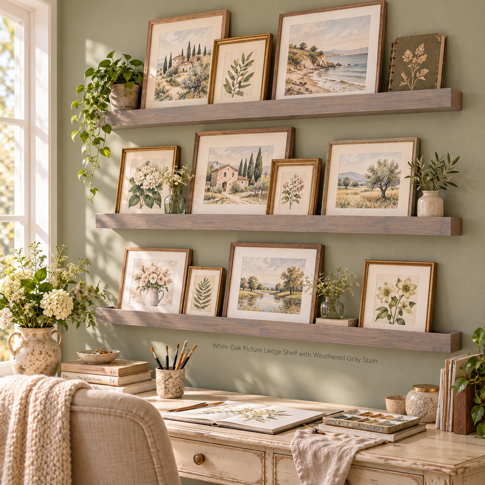 A styled interior scene showing three picture ledge shelves mounted on a sage green wall, each holding a curated gallery arrangement of framed botanical and landscape prints. A desk, chair, books, and plants are visible in the foreground, creating a real room environment rather than an isolated studio product shot.