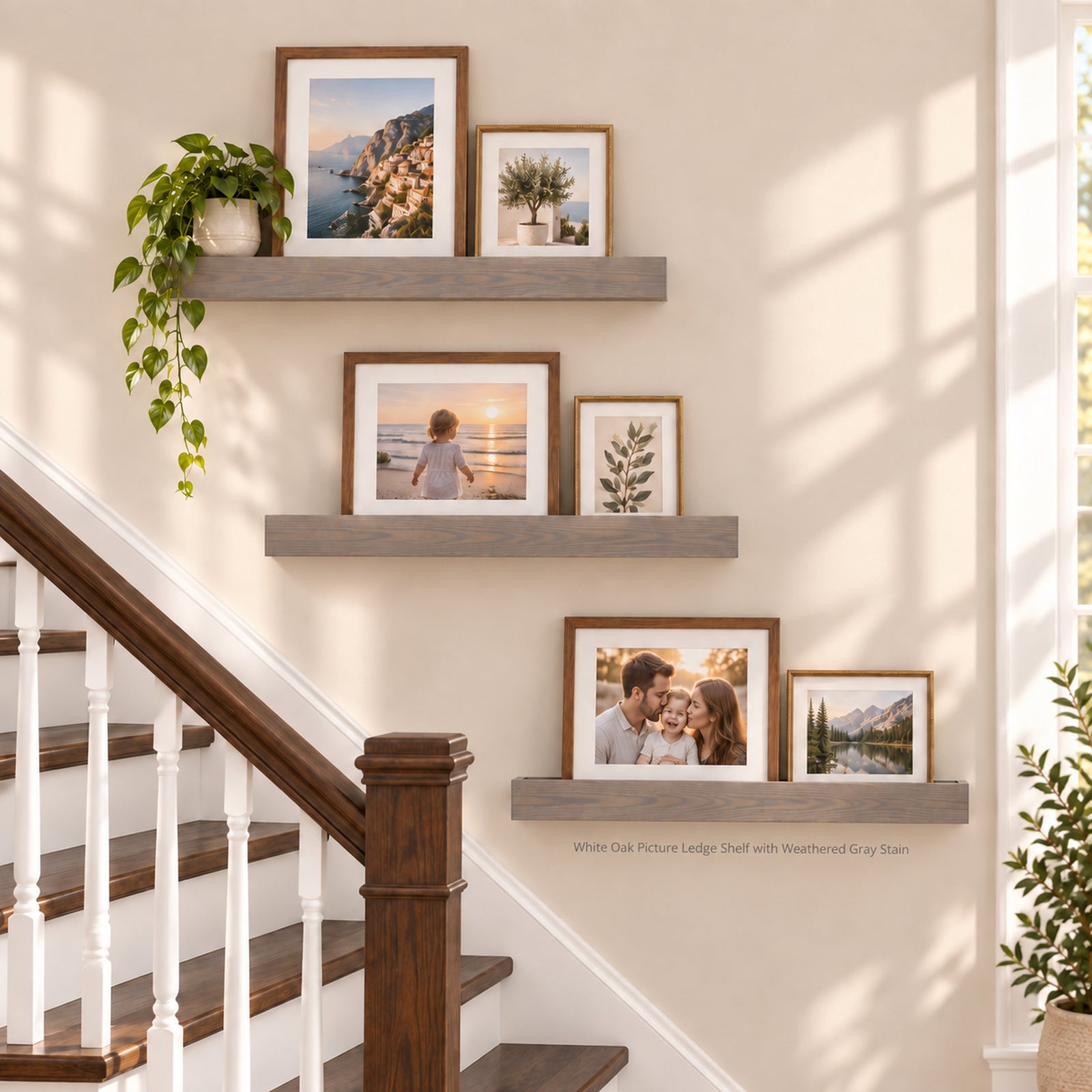 Three floating picture ledge shelves mounted on a cream wall beside a wooden staircase, each holding framed home and landscape photographs. A trailing green plant sits on the top shelf, and the text at the bottom reads 'White Oak Picture Ledge with Weathered Gray Shelf.