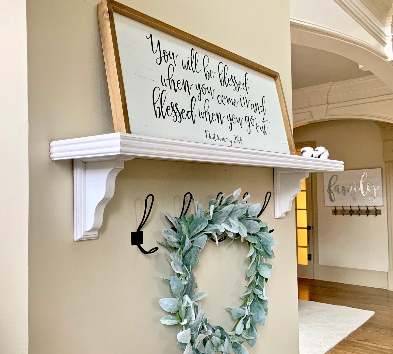 farmhouse shelf with wood brackets