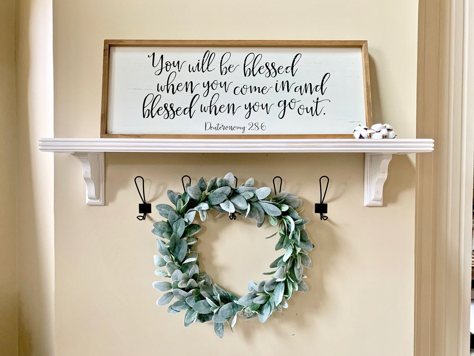 farmhouse shelf with wood brackets