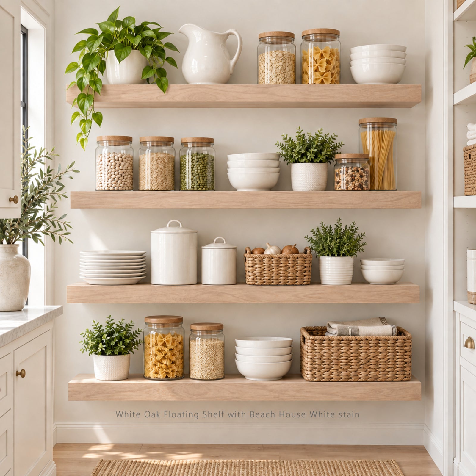 Three white oak floating shelves styled with kitchen items including white ceramic pitchers, bowls, canisters, glass jars with wooden lids, and potted green plants, set against a white wall in a bright kitchen. The oak shelves have a Beach House White stain.