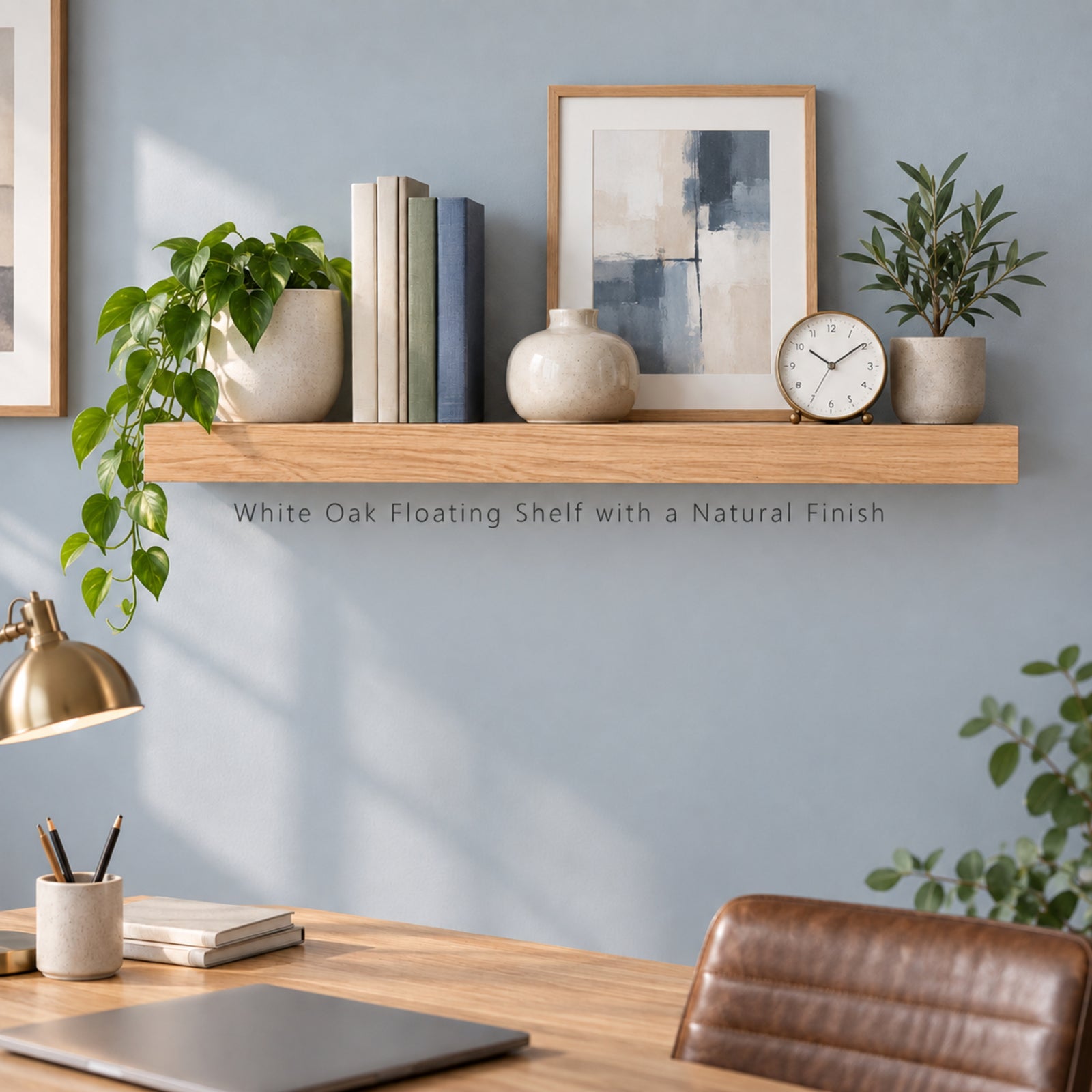 A light natural white oak floating shelf mounted on a blue-gray wall above a wooden desk, styled with books, ceramic vases, framed art, potted plants, a desk lamp, and a chair. Text below the shelf reads 'White Oak Floating Shelf with a Natural Finish'.