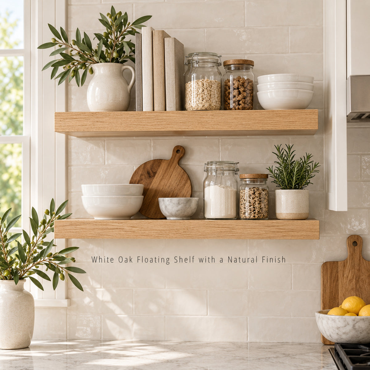 Two white oak floating shelves mounted on a light tile kitchen wall, styled with ceramic bowls, glass jars, books, and potted plants. Text below the shelves reads 'White Oak Floating Shelf with a Natural Finish'.