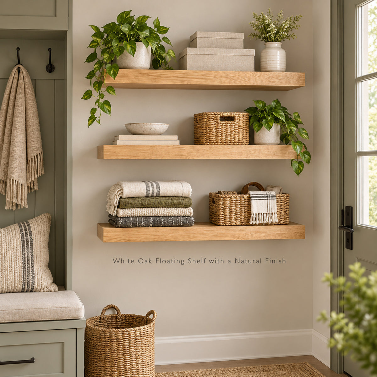 Three white oak floating shelves with a natural finish mounted on a beige wall in a styled entryway. The shelves are styled with green plants in white pots, stacked boxes, woven baskets, folded blankets, and throw pillows.