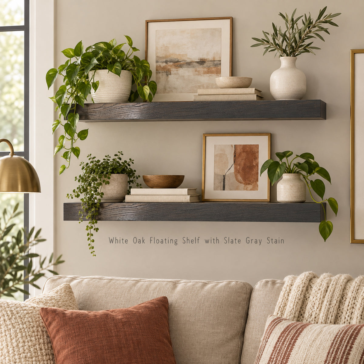 Two white oak floating shelves with a slate gray stain styled in a cozy living room setting with potted plants, framed art, and books on a beige wall above a sofa.