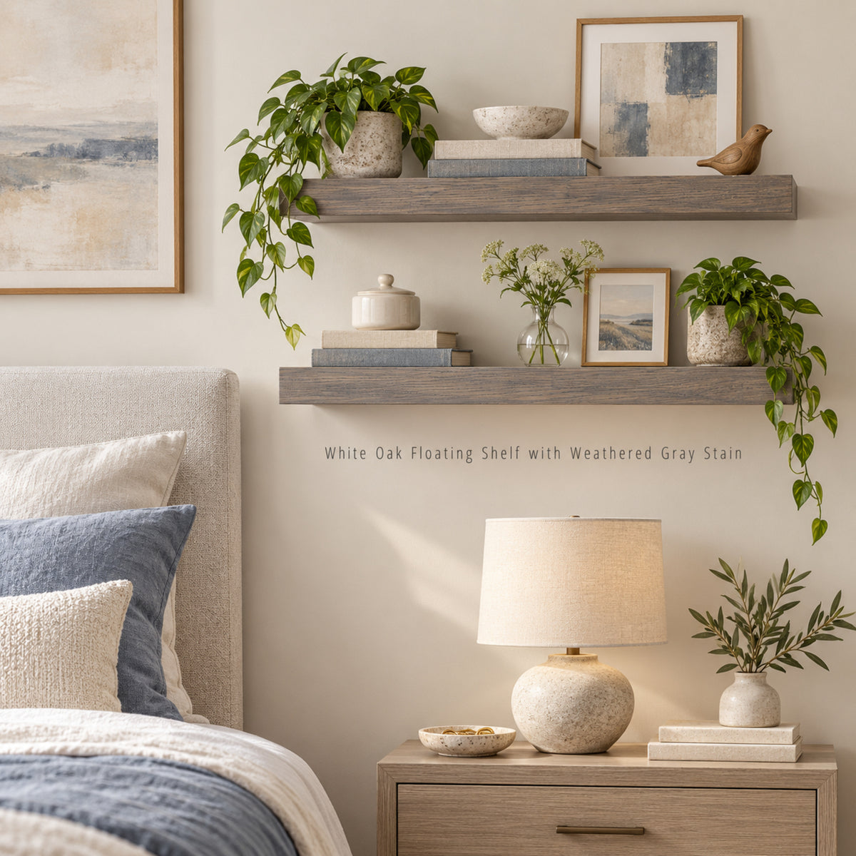 A styled bedroom scene showing two floating shelves mounted on a beige wall above a bed. The floating shelves are made of white oak with a weathered gray stain, styled with books, vases, framed art, and trailing green plants.