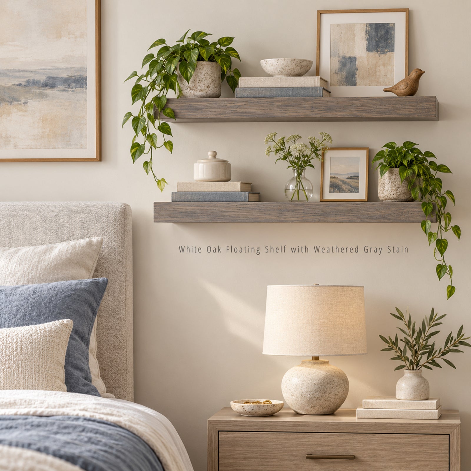 A styled bedroom scene showing two floating shelves mounted on a beige wall above a bed. The floating shelves are made of white oak with a weathered gray stain, styled with books, vases, framed art, and trailing green plants.
