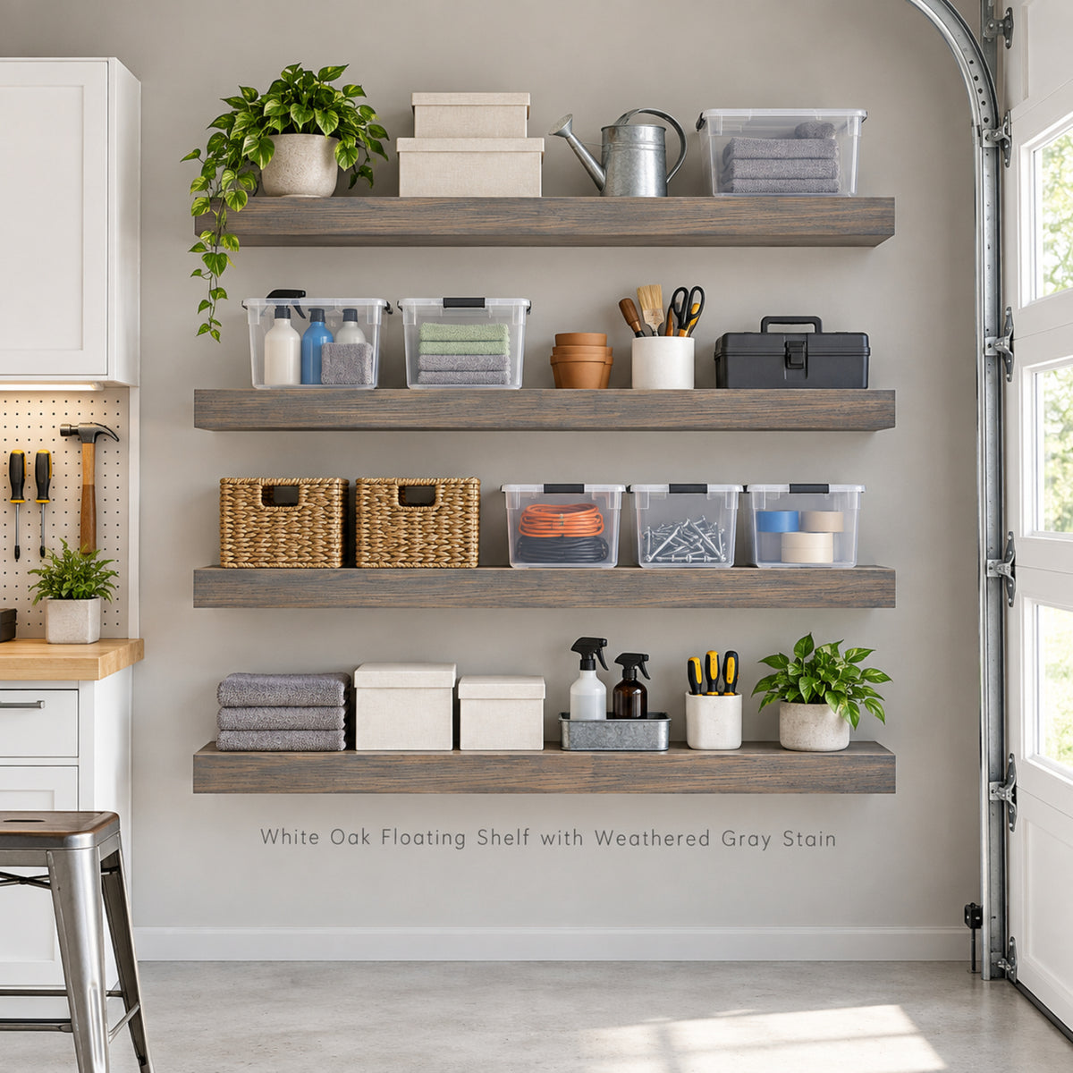 Four white oak floating shelves with a weathered gray stain, mounted on a garage wall. The shelves are styled with various home organization items including plastic storage bins, baskets, folded towels, and potted plants.