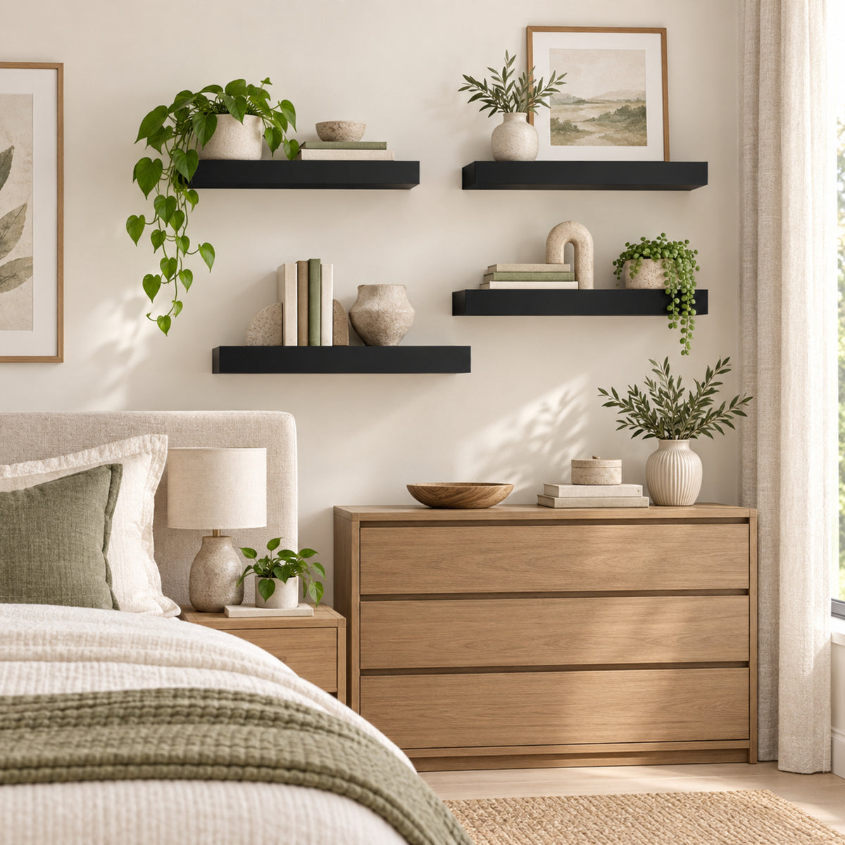 A styled bedroom interior with a light wood dresser, floating black wall shelves, framed art, and several potted green plants. No person or animal is present, but this is still not a clean isolated product shot because it shows the products arranged in a real room environment, so subject_type is Lifestyle.