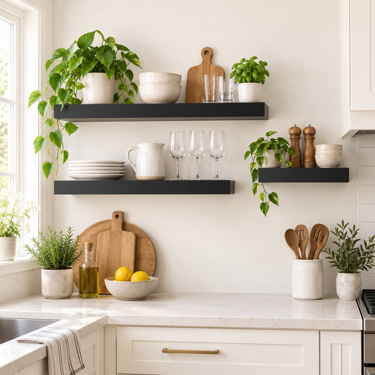 A styled kitchen interior with three black floating shelves mounted on a white wall. The shelves are decorated with potted green plants, white ceramic bowls, glassware, wooden cutting boards, and small wooden salt and pepper mills.