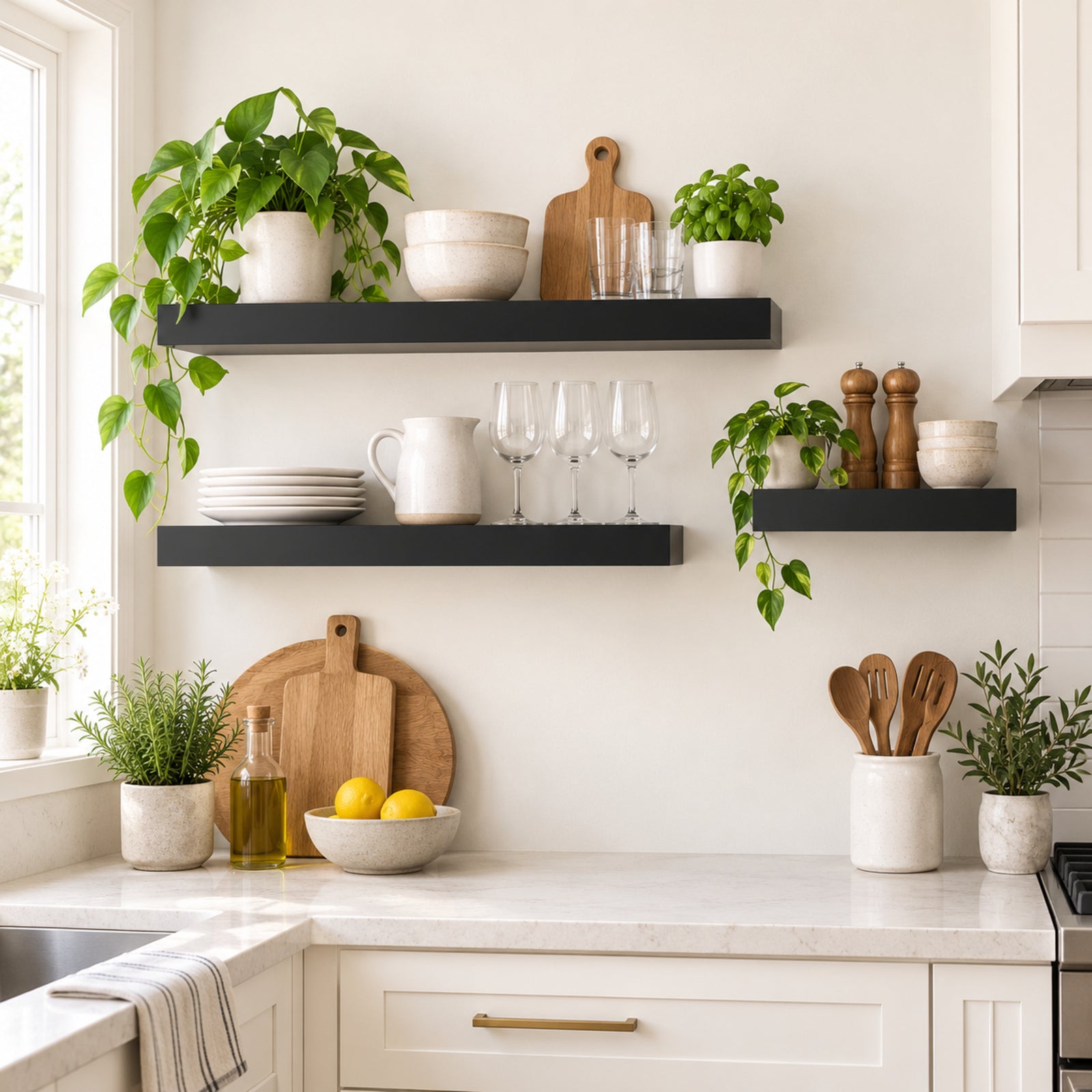 A styled kitchen interior with three black floating shelves mounted on a white wall. The shelves are decorated with potted green plants, white ceramic bowls, glassware, wooden cutting boards, and small wooden salt and pepper mills.