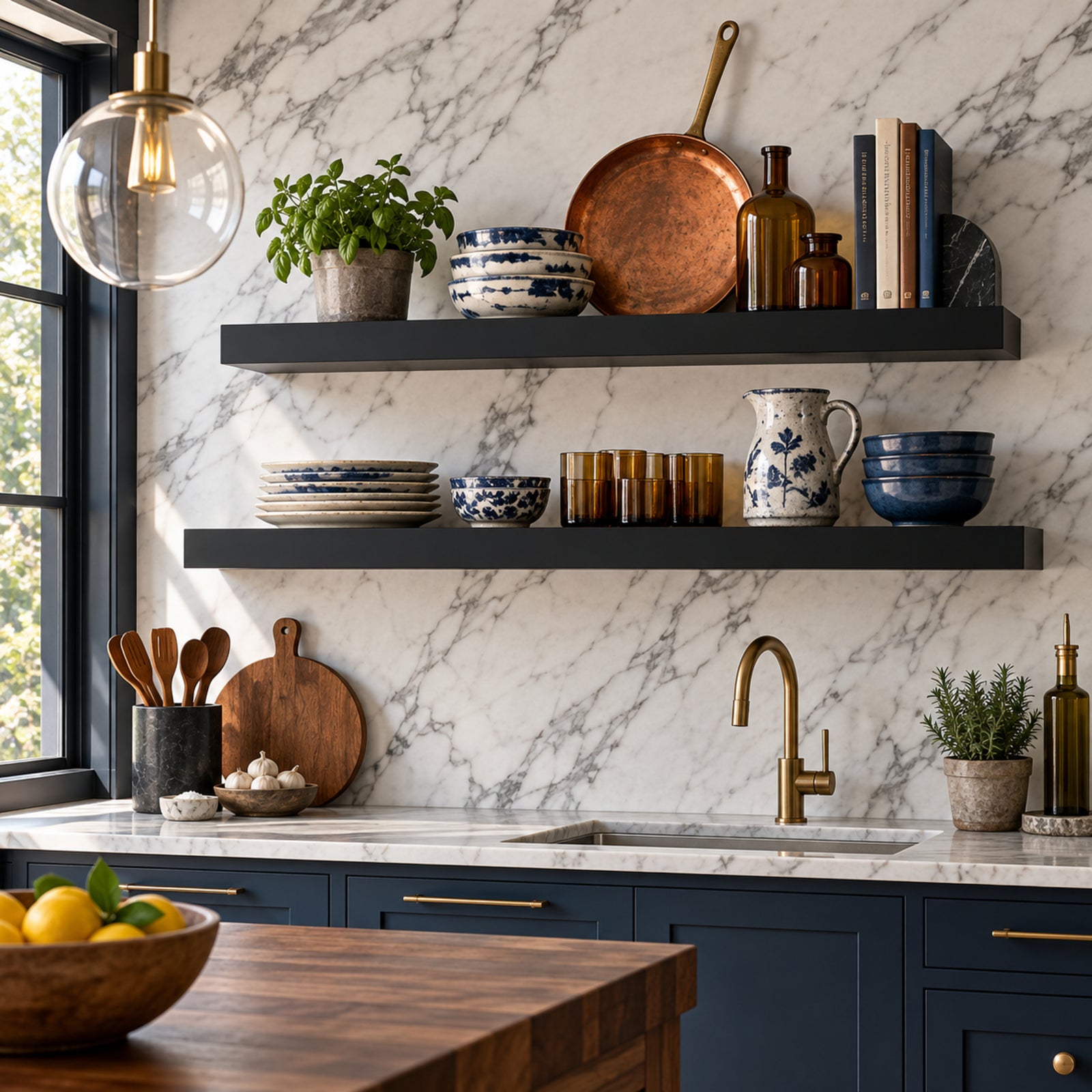 A styled kitchen interior with two black floating shelves holding ceramic dishes, glass bottles, books, and plants against a white marble backsplash. A gold faucet, blue cabinets, and a wooden island are visible.