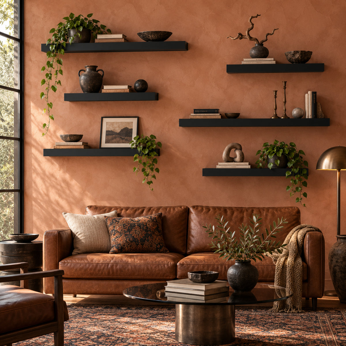 A styled living room featuring a brown leather sofa against a terracotta plaster wall with six black floating shelves holding books, vases, and green plants. A round metal coffee table, patterned rug, and a brass floor lamp are visible in the foreground.