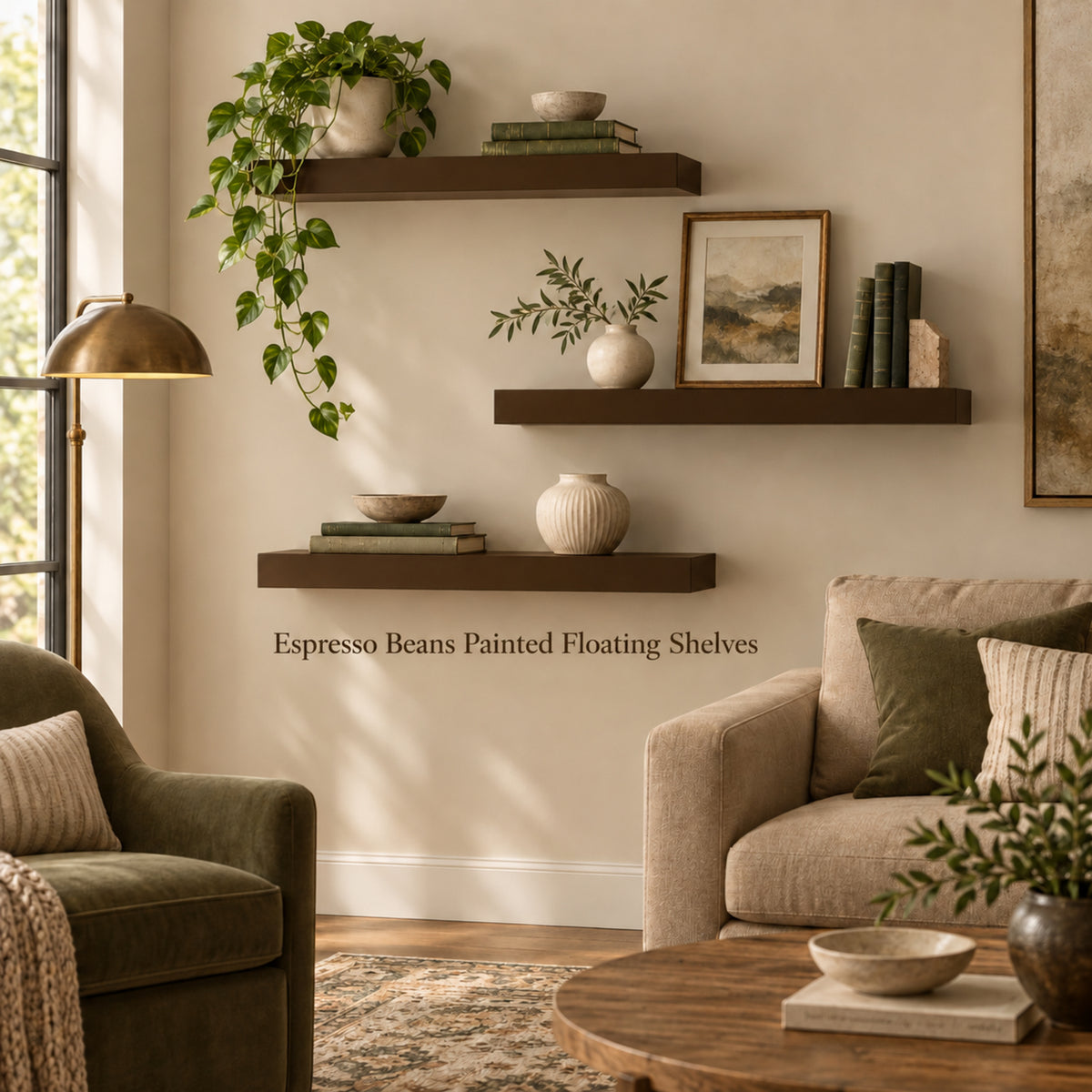 A styled living room scene showing three floating shelves mounted on a beige wall. The shelves are painted espresso beans and hold books, vases, a framed print, and a trailing green plant.