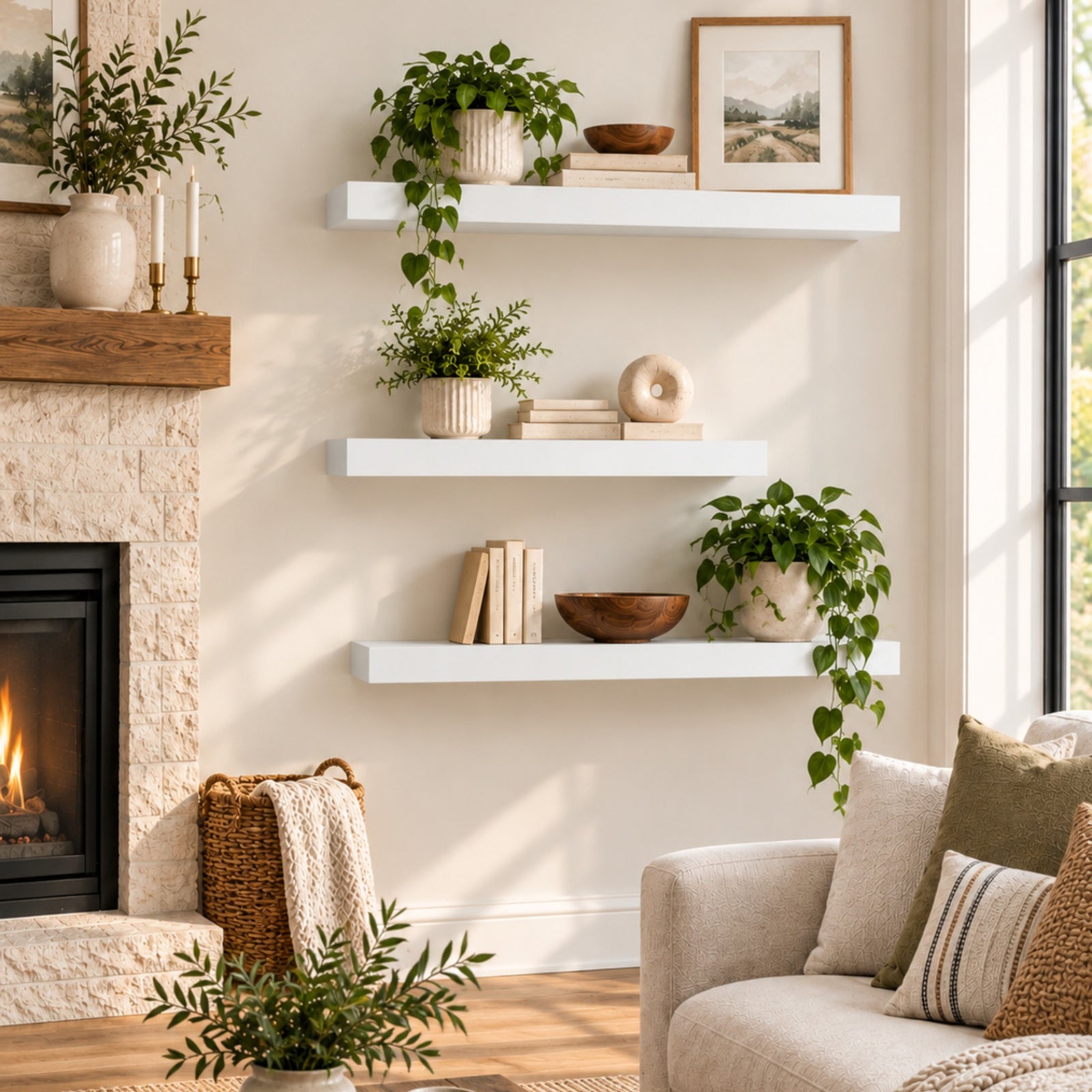 Three white floating shelves mounted on a beige wall in a bright living room, styled with potted green plants, books, a wooden bowl, and framed art. A fireplace with a stone surround is visible on the left, and a light beige sofa with pillows is on the right.