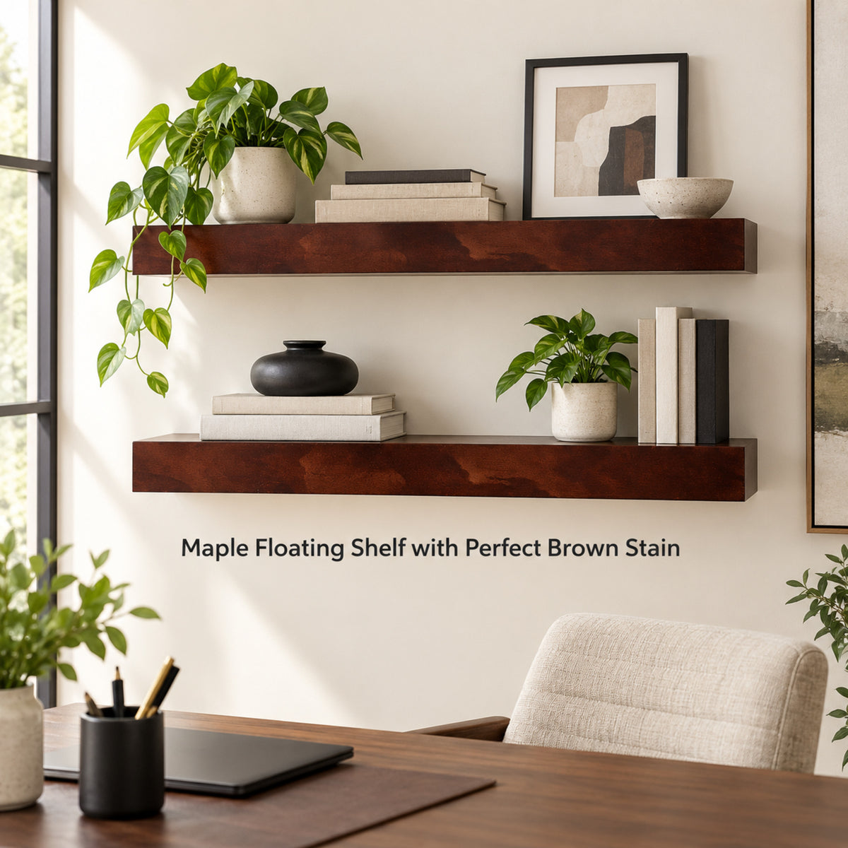 Two floating wall shelves in a medium-to-dark brown stained finish, styled with books, potted green plants, a small bowl, and framed art in a bright home office setting. Text overlay reads 'Maple Floating Shelf with Perfect Brown Stain'.
