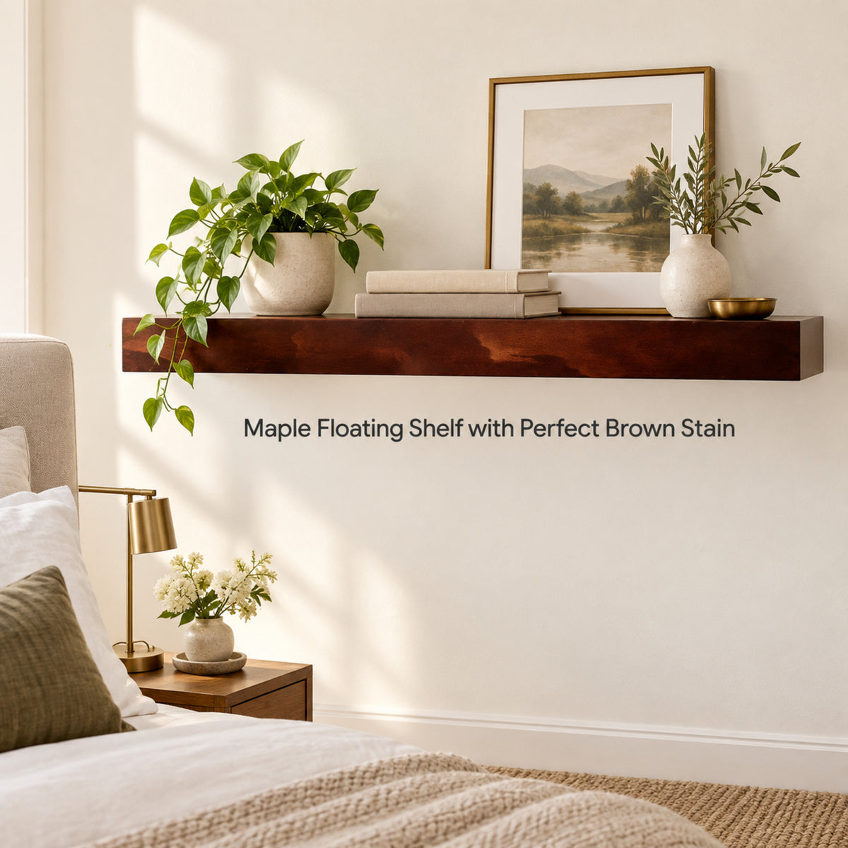 A floating wall shelf mounted on a bedroom wall, styled with a green plant, books, a framed landscape print, and a white vase. The shelf is dark brown wood with a glossy finish, and text below reads 'Maple Floating Shelf with Perfect Brown Stain'.