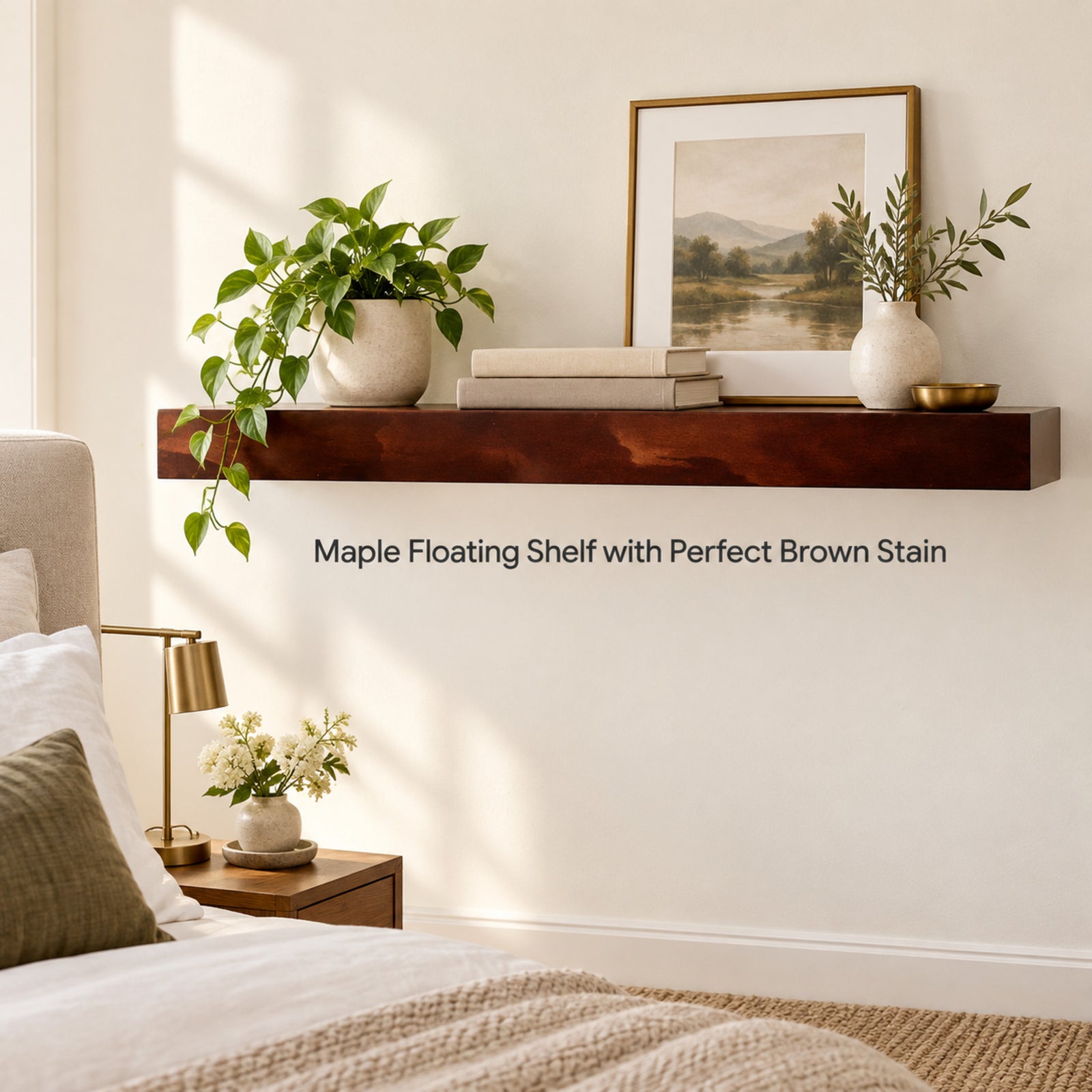 A floating wall shelf mounted on a bedroom wall, styled with a green plant, books, a framed landscape print, and a white vase. The shelf is dark brown wood with a glossy finish, and text below reads 'Maple Floating Shelf with Perfect Brown Stain'.