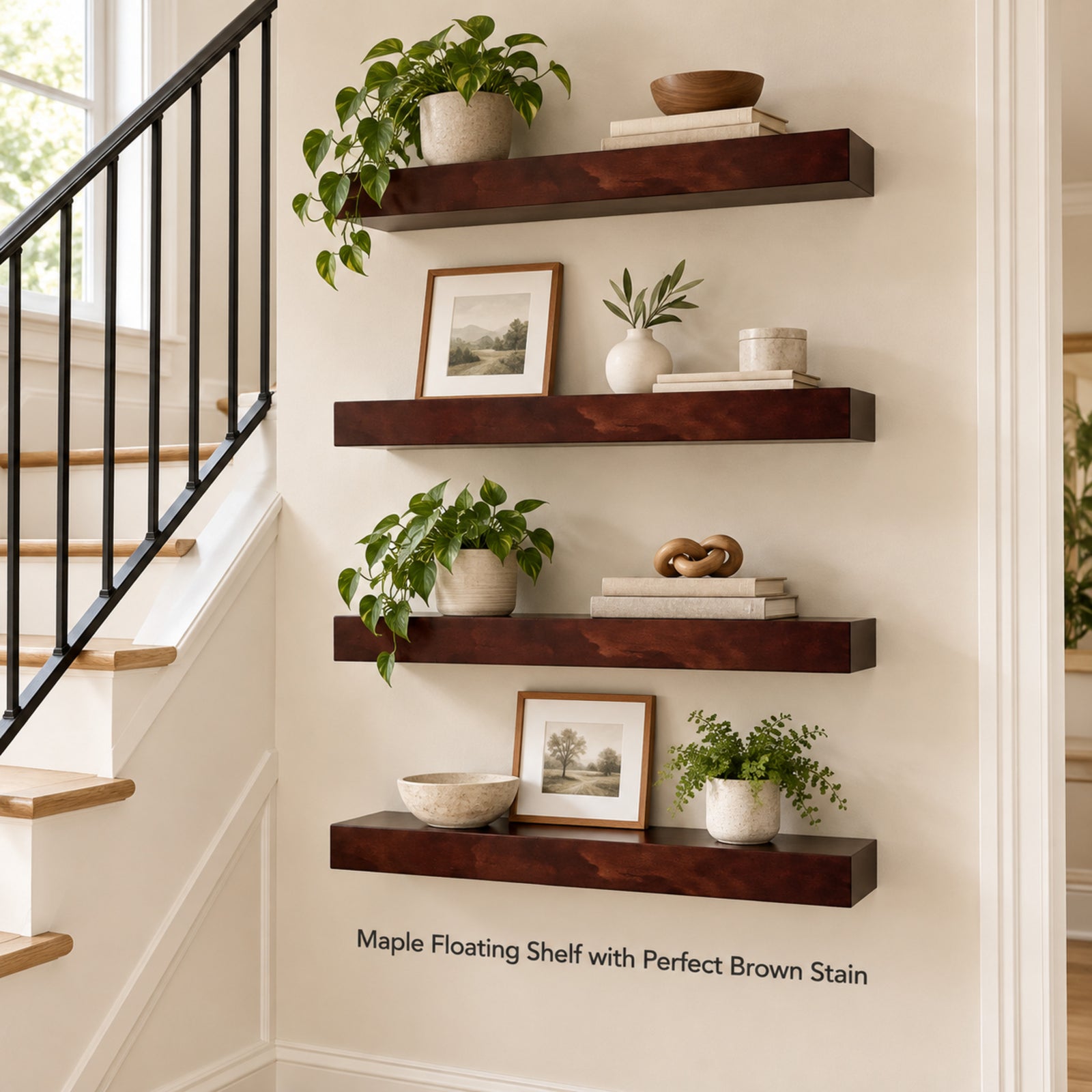 Four floating wall shelves in a warm dark brown stain, styled with books, ceramic bowls, framed prints, and potted green plants in a bright interior hallway next to a staircase. The text reads 'Maple Floating Shelf with Perfect Brown Stain'.