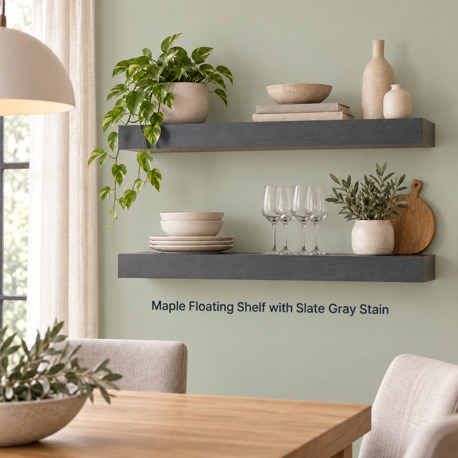Two maple floating wall shelves in a slate gray finish mounted on a pale green wall in a dining room setting. The shelves are styled with ceramic bowls, glassware, vases, and potted plants.