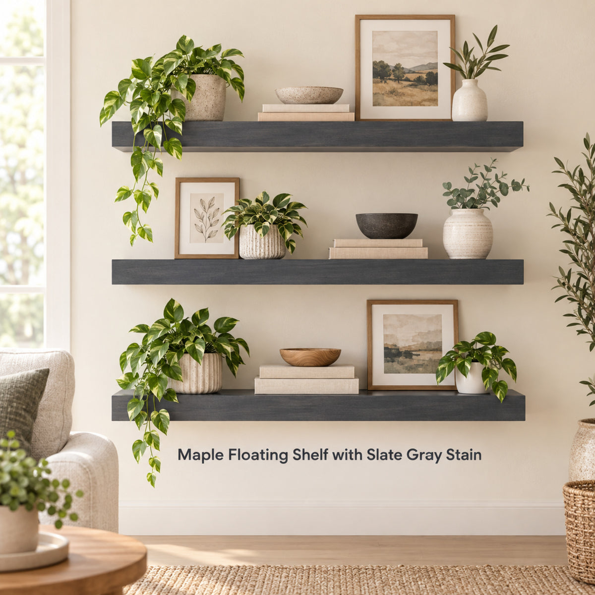 Three floating wall shelves in a dark slate gray stain are styled with green plants, ceramic vases, books, and framed art in a bright living room. Text at the bottom reads 'Maple Floating Shelf with Slate Gray Stain'.