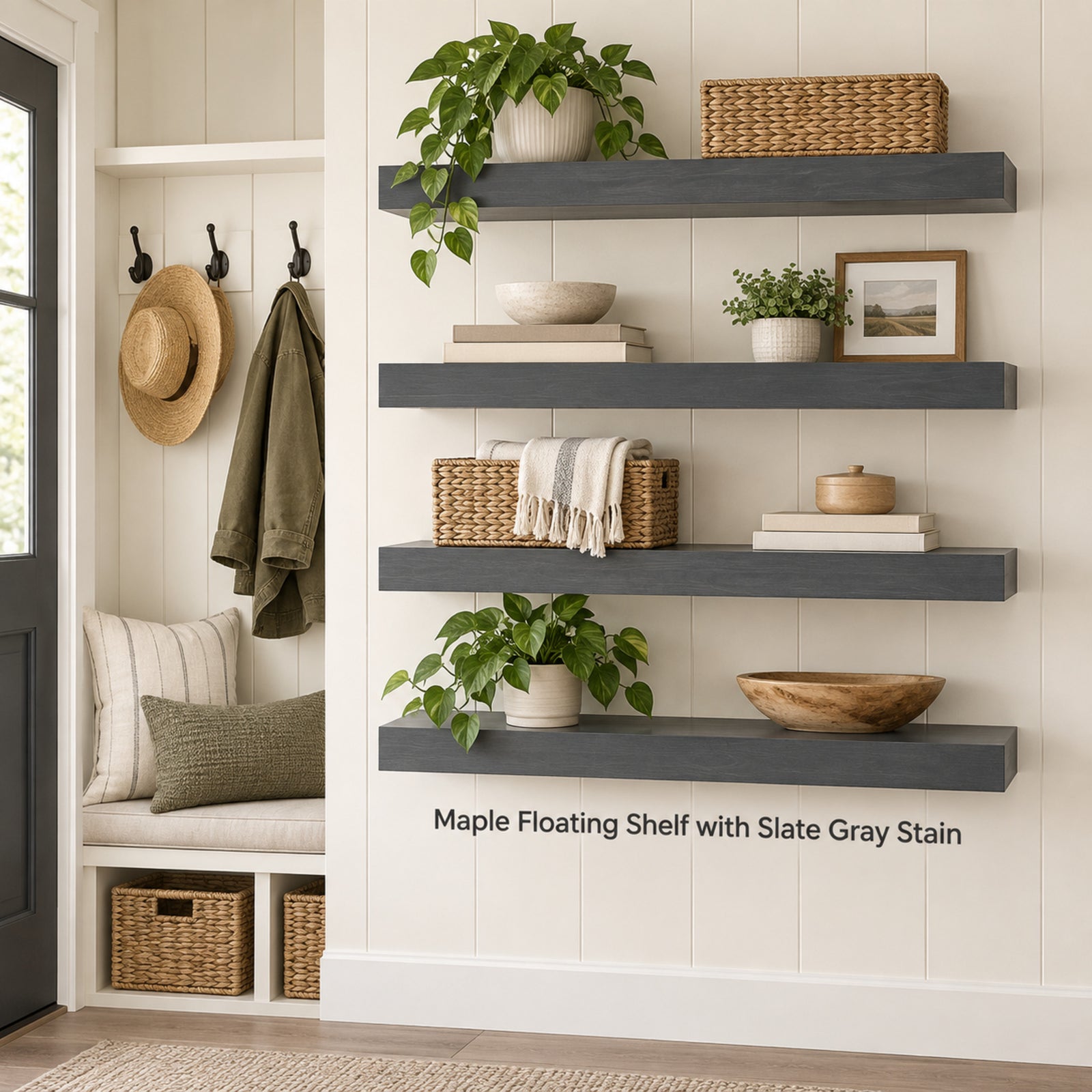 Four maple floating shelves in a slate gray stain, mounted on a white paneled wall in a bright entryway. The shelves are styled with potted green plants, wicker baskets, books, a throw blanket, and a wooden bowl.