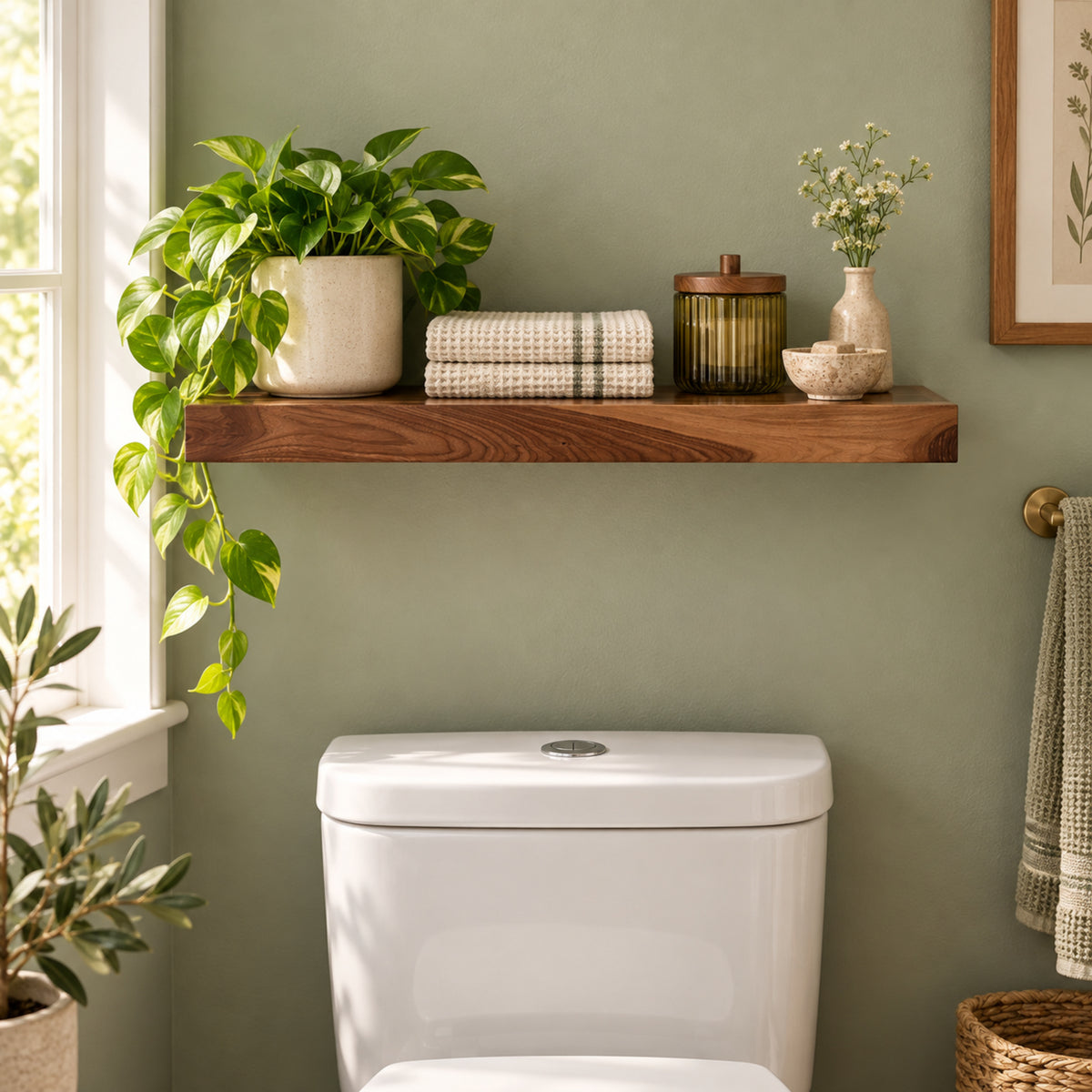 A floating wooden bathroom shelf mounted above a white toilet, styled with a green houseplant in a beige pot, a folded beige towel, a dark amber glass jar, and a small beige vase with dried flowers. The wall is sage green, and natural light comes from a window on the left.