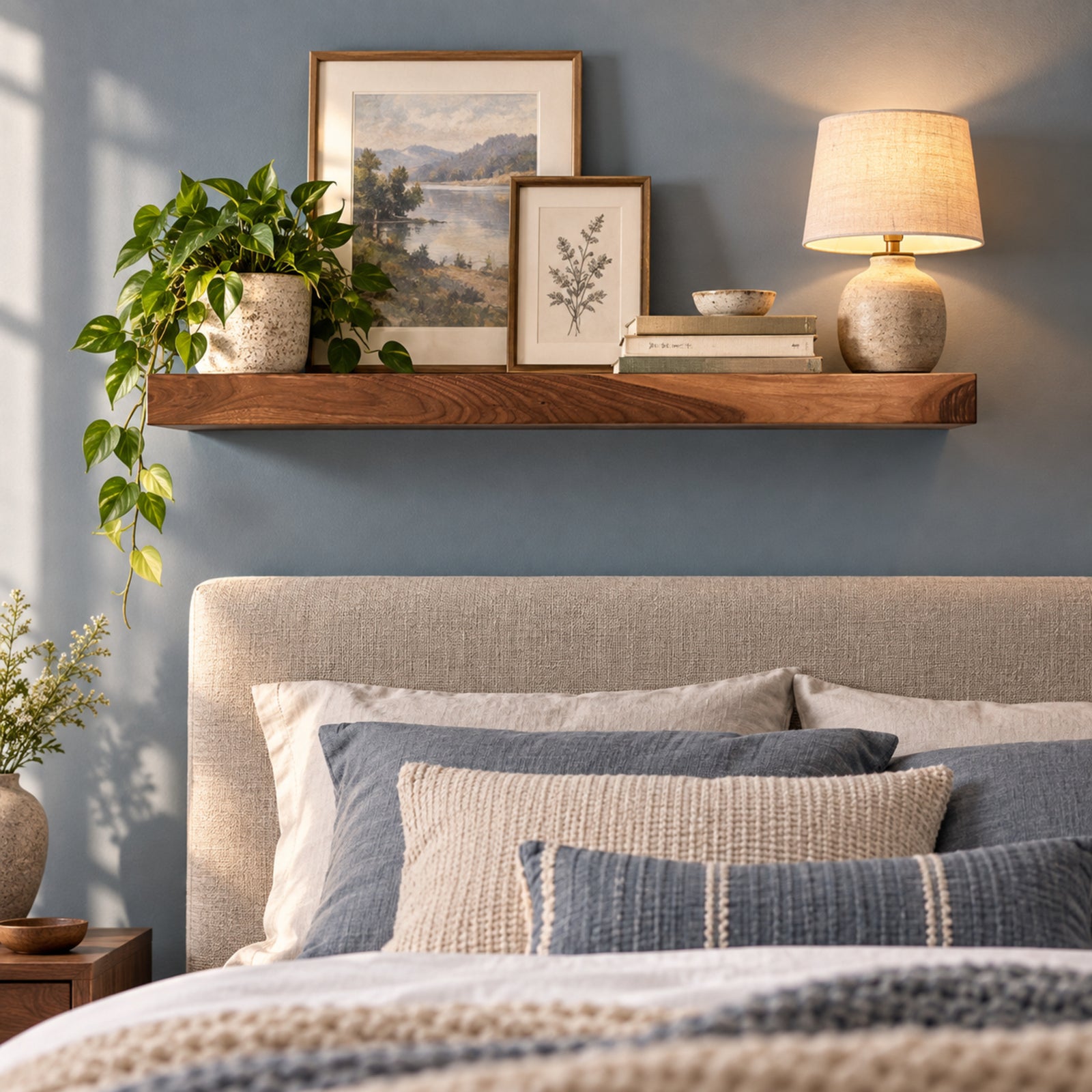 A styled bedroom scene with a bed in the foreground, a floating wooden shelf mounted on a blue-gray wall, and a lit table lamp beside framed wall art and a green plant.