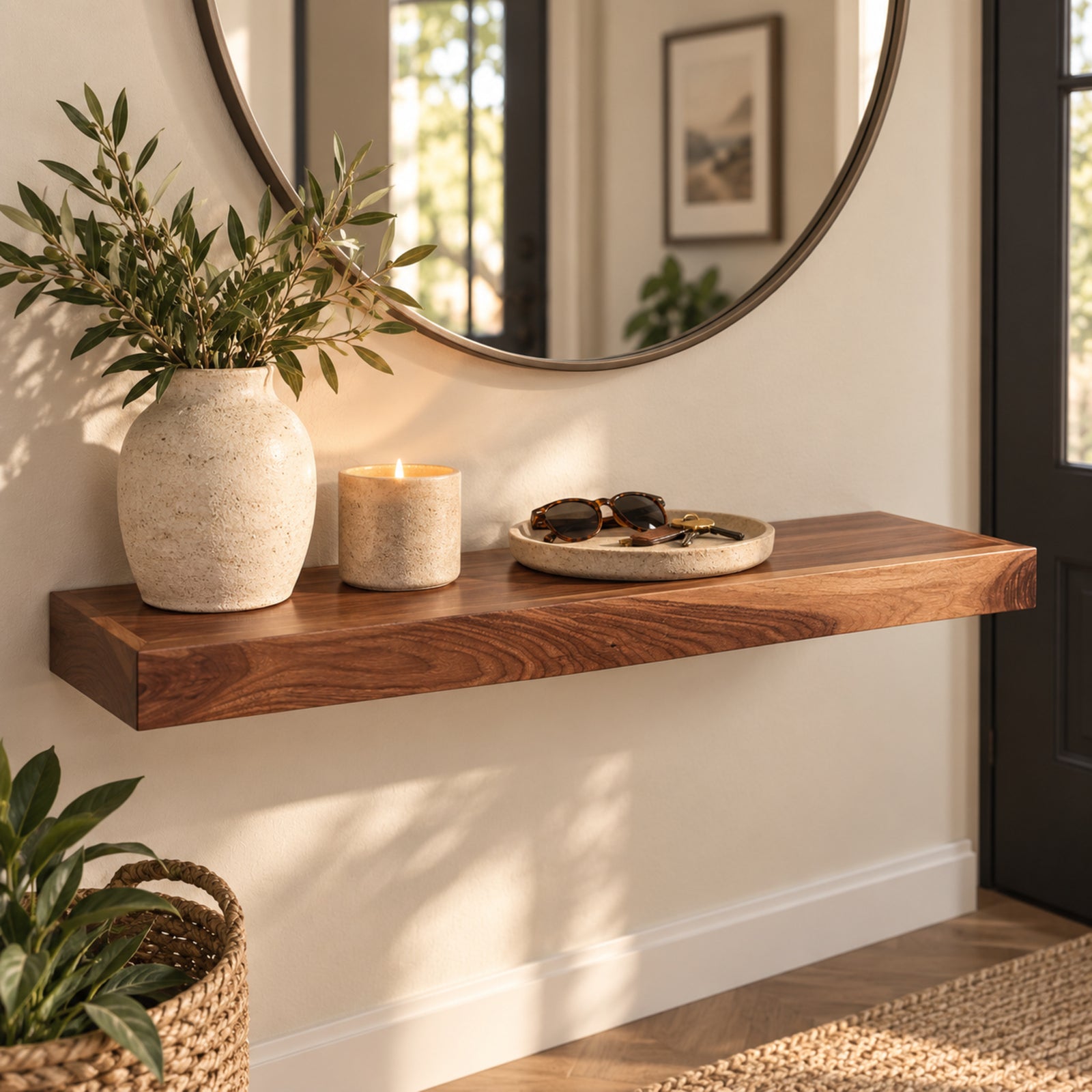 A floating wooden console shelf mounted on a cream wall in a styled entryway, holding a textured beige vase with greenery, a lit candle, and a small tray with sunglasses. A round wall mirror and a plant are also visible.