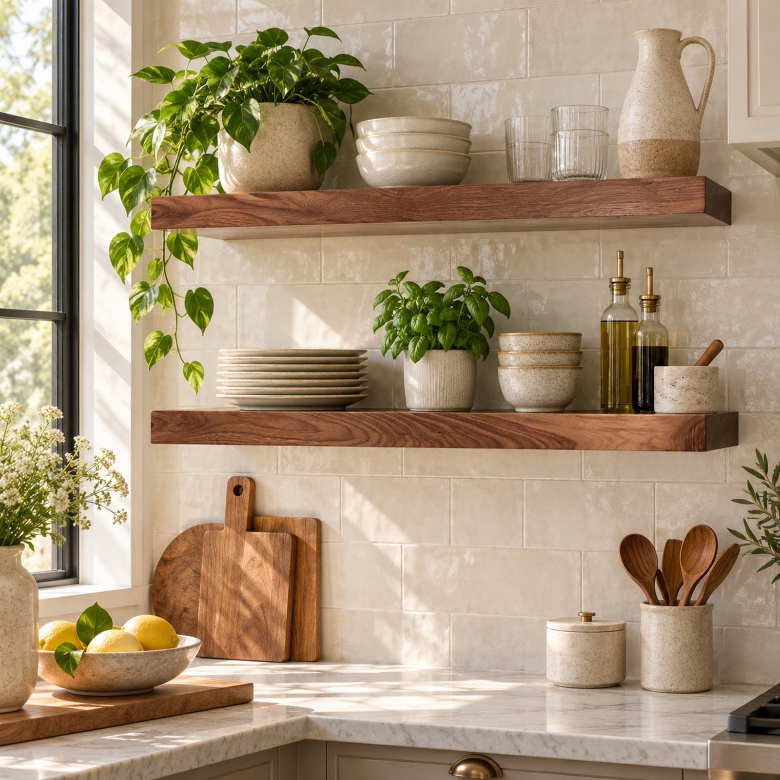 A styled kitchen scene with two floating walnut shelves holding ceramic bowls, glassware, a pitcher, cutting boards, bottles, and potted green plants against a light tile backsplash.