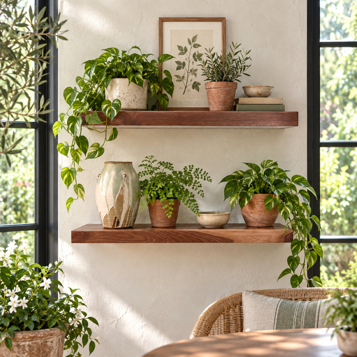Two floating walnut wooden shelves mounted on a white wall, styled with potted green plants, a ceramic vase, books, and framed botanical art in a bright, sunlit room.