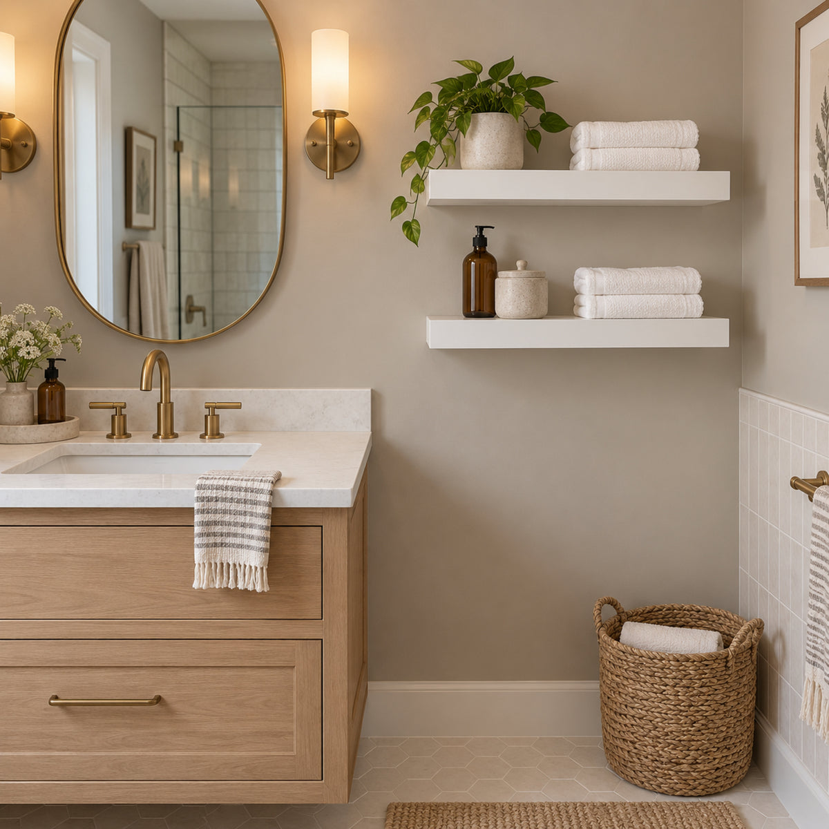 A styled bathroom interior featuring a light wood vanity with a white countertop and brass faucet, a round wall mirror, two floating white shelves with towels and a plant, a woven basket, and warm wall sconces.