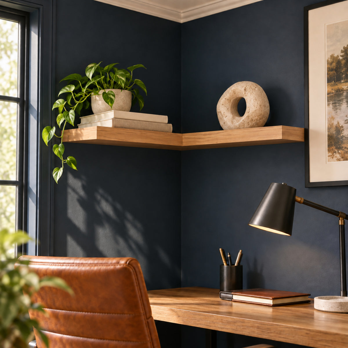 A styled home office corner with dark navy blue walls, wooden floating corner shelves, a brown leather chair, a wooden desk, and a black adjustable desk lamp. Decorative items including a potted green plant, books, and a stone donut sculpture sit on the shelves.