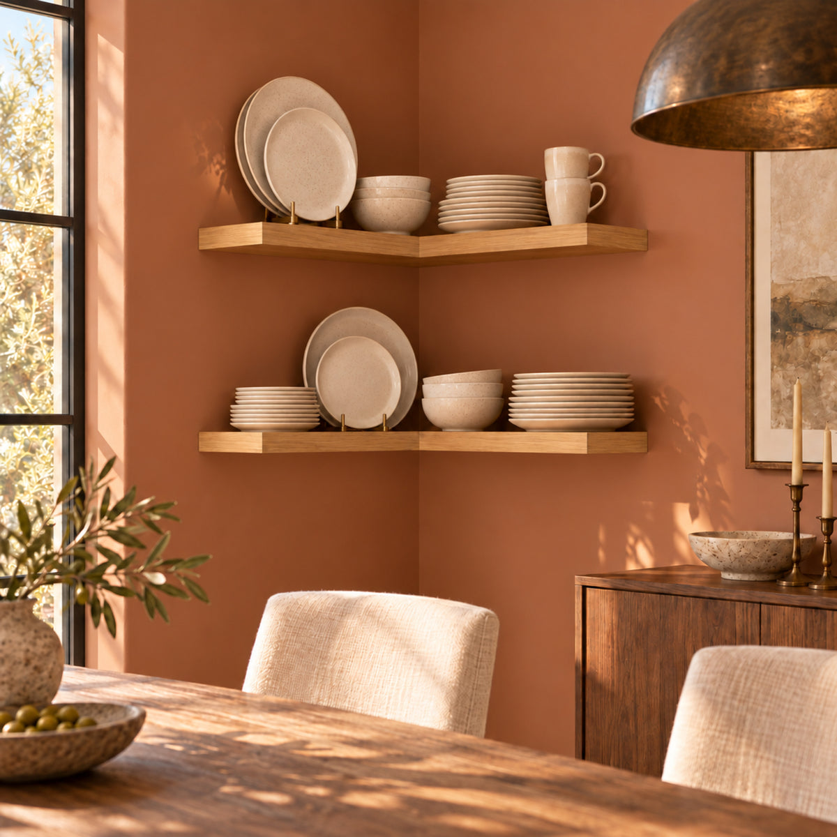 A styled dining room corner with terracotta walls, open wooden floating corner shelves holding white ceramic plates and bowls, a wooden dining table, chairs, a sideboard, and warm natural light from a window.