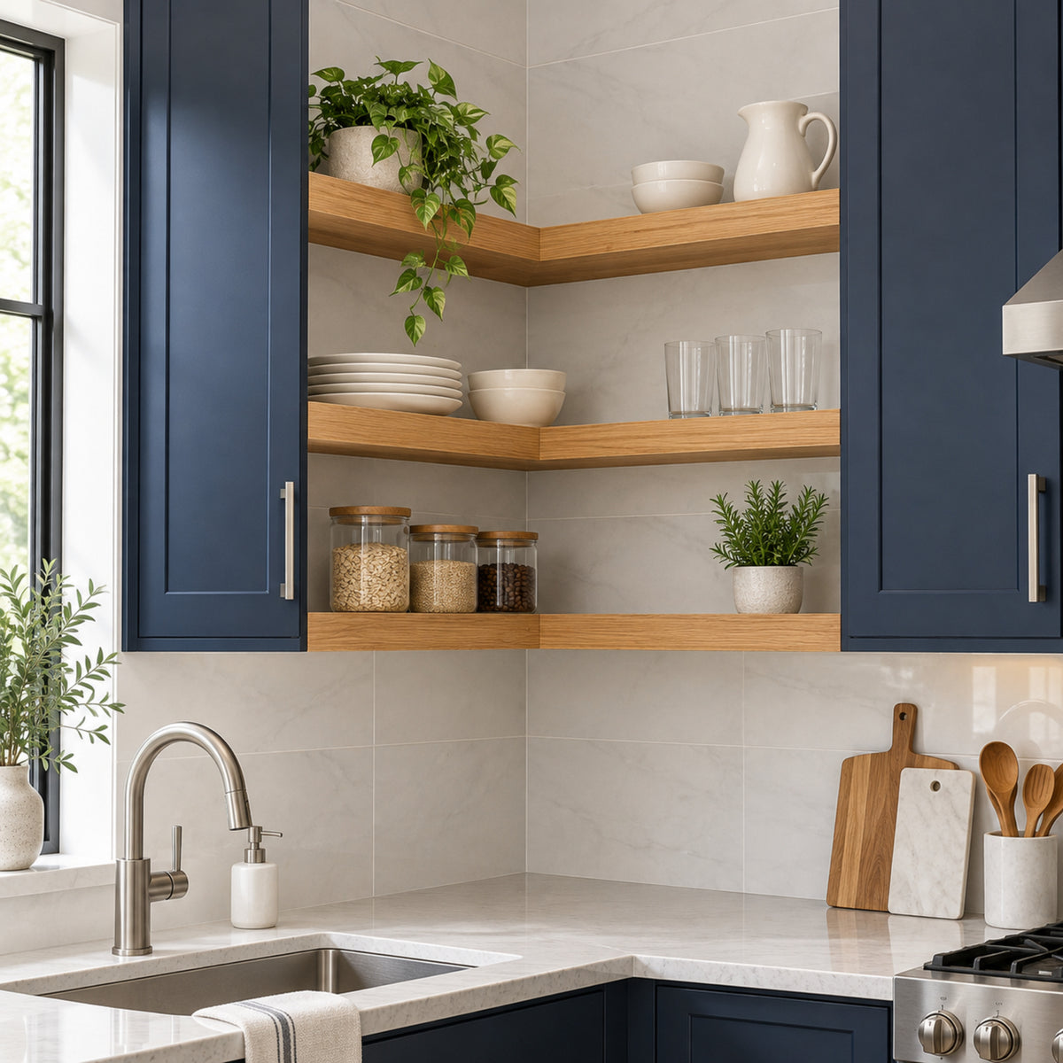A modern kitchen corner with navy blue cabinets, light wood corner shelves, white marble countertops, a stainless steel sink, and decorative plants and glassware.