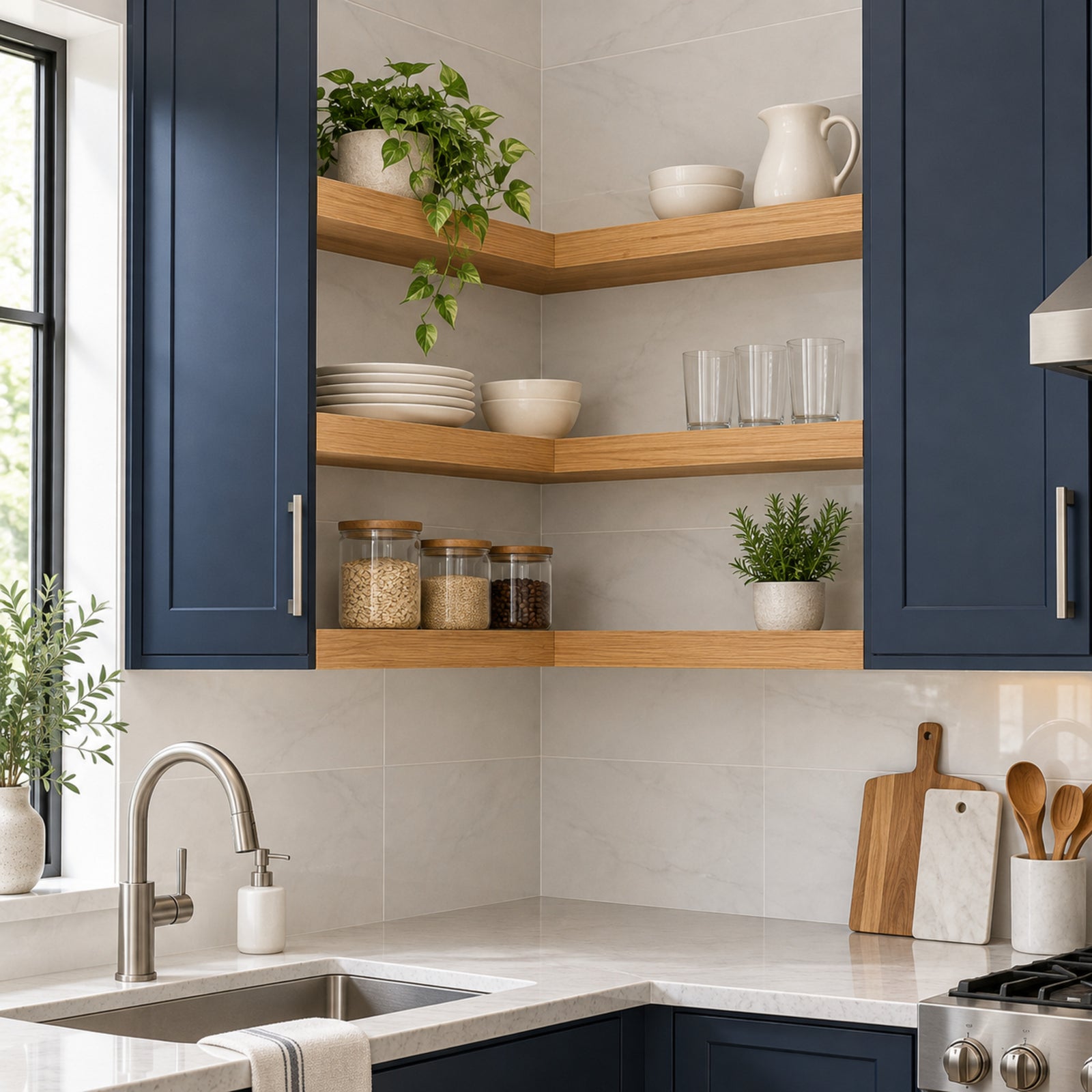 A modern kitchen corner with navy blue cabinets, light wood corner shelves, white marble countertops, a stainless steel sink, and decorative plants and glassware.