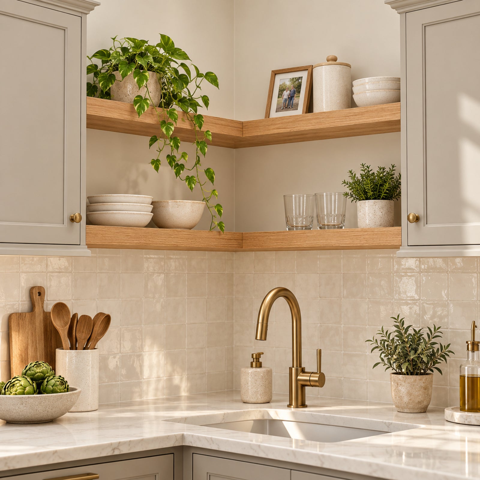 A modern kitchen corner with light gray cabinets, a white marble countertop, a brass faucet, and wooden corner shelves holding bowls, glasses, framed art, and potted green plants.