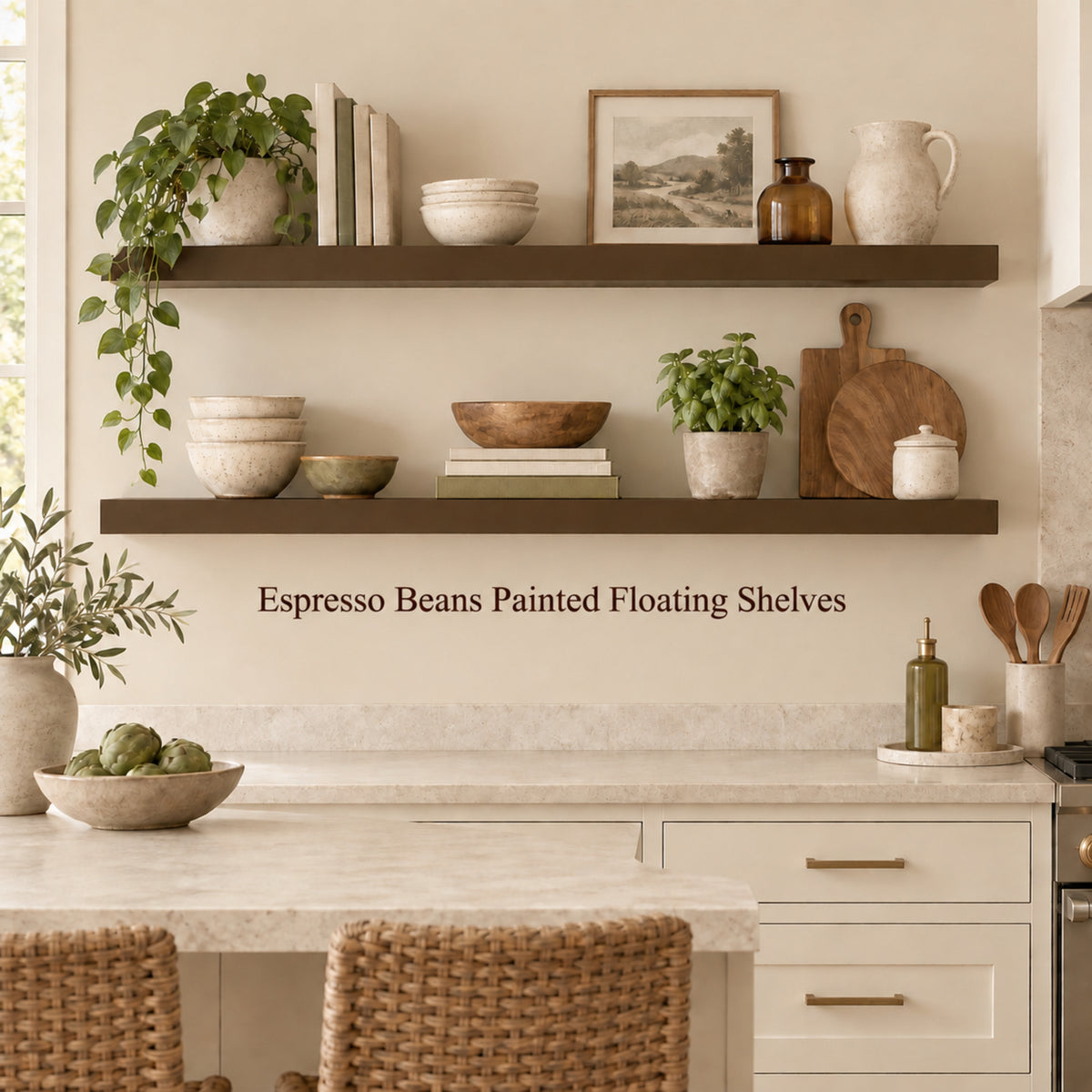 A styled kitchen interior with two painted floating shelves mounted on a beige wall. The shelves are dark espresso brown and are styled with ceramic bowls, a hanging green plant, books, a small framed print, an amber bottle, a cream pitcher, and wooden cutting boards.