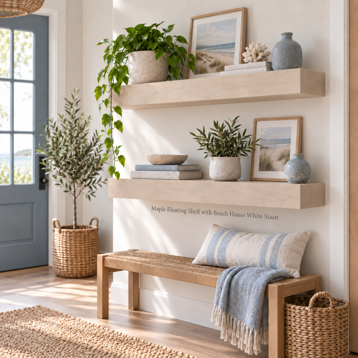 Two light maple wood floating shelves mounted on a white wall in a bright entryway. The shelves are styled with potted green plants, framed beach-themed prints, books, a ceramic vase, and a woven bench with a striped pillow and throw blanket. Small text under the bottom shelf reads 'Maple Floating Shelf with Beach House White Stain'