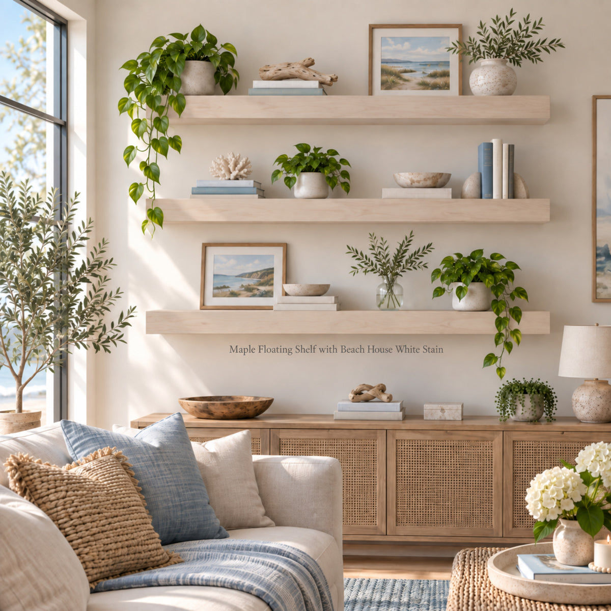 Three light maple floating shelves mounted on a beige wall in a bright coastal living room. The shelves are styled with potted green plants, framed beach art prints, books, and decorative bowls.