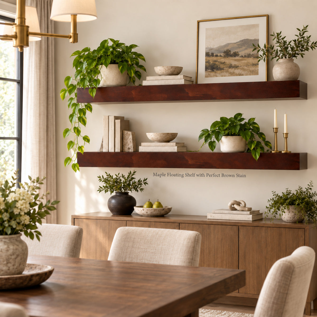 A styled dining room interior showing two floating wooden shelves mounted on a wall above a sideboard. The shelves are styled with potted green plants, books, bowls, candles, and framed wall art. Small text reads 'Maple Floating Shelf with Perfect Brown Stain'