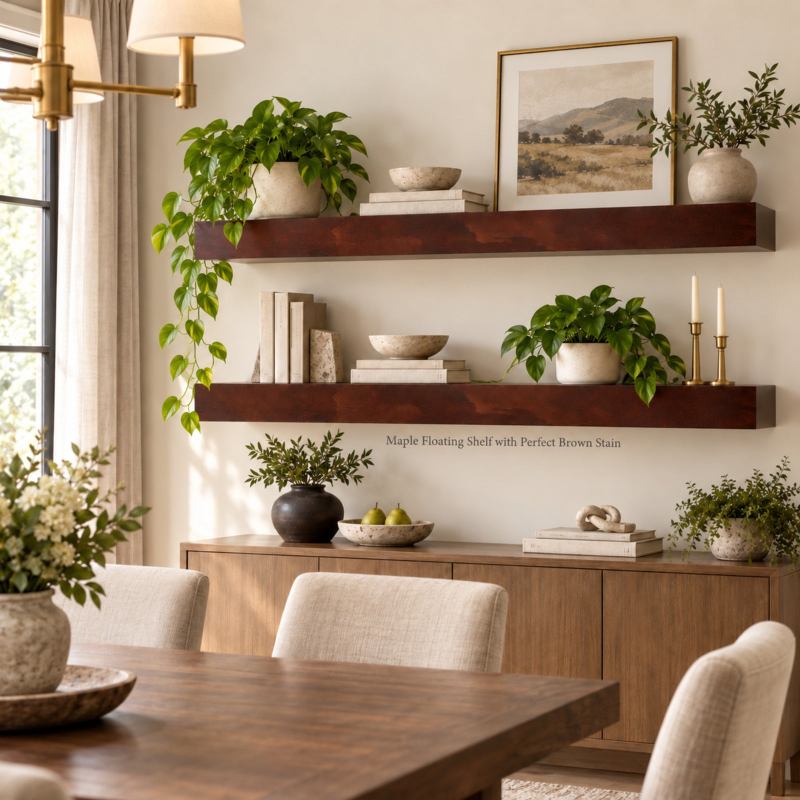 A styled dining room interior showing two floating wooden shelves mounted on a wall above a sideboard. The shelves are styled with potted green plants, books, bowls, candles, and framed wall art. Small text reads 'Maple Floating Shelf with Perfect Brown Stain'