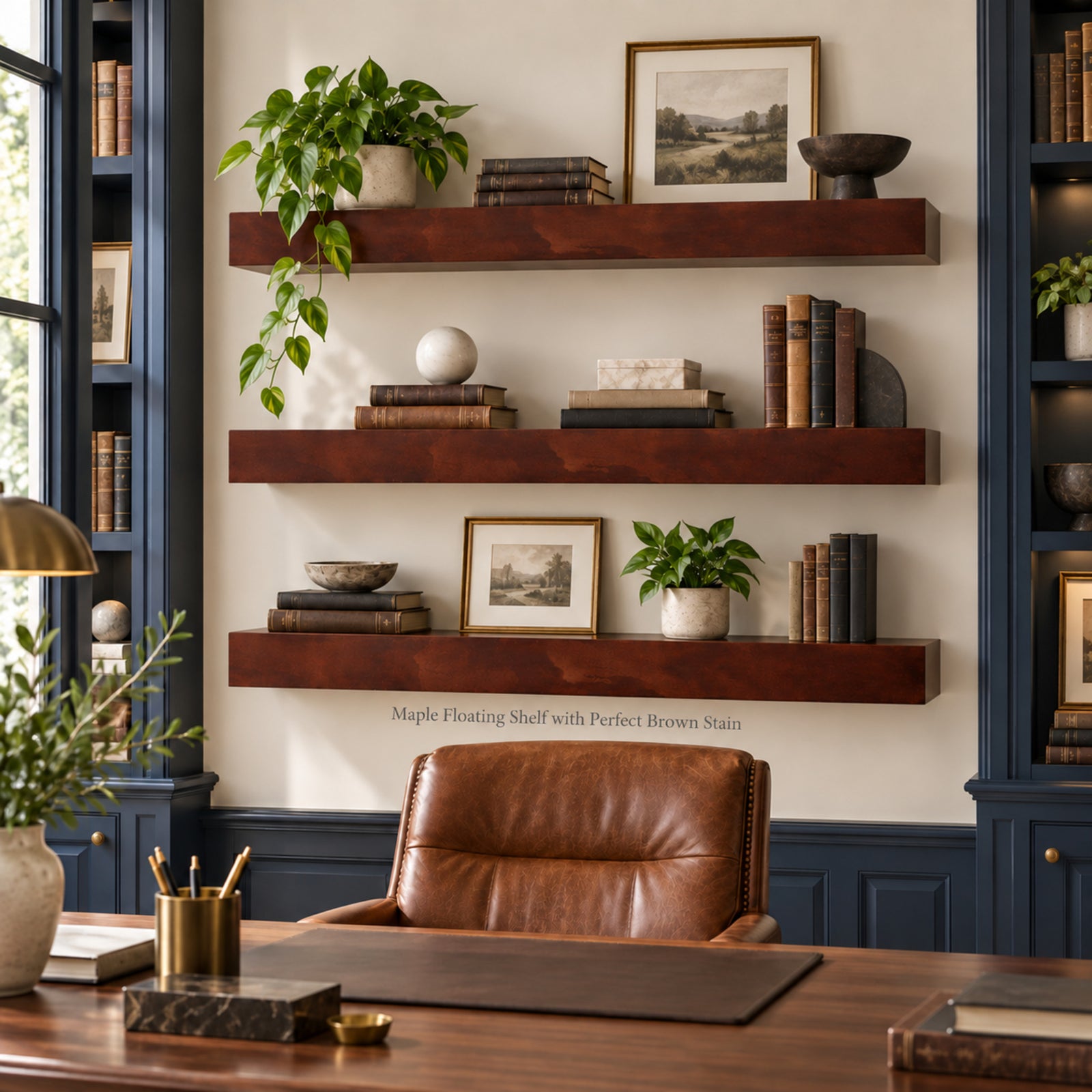 Three floating wooden shelves mounted on a cream wall in a home office setting, styled with books, framed art, plants, and decorative objects. A brown leather office chair sits below the shelves, and dark blue built-in shelving is visible on both sides.