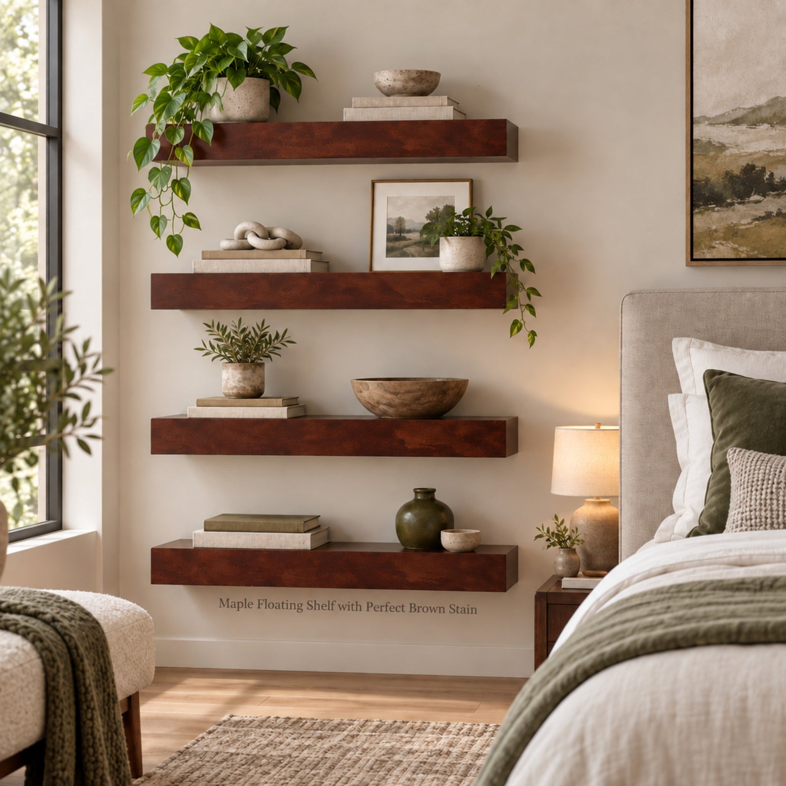 Four large floating wall shelves in a warm brown finish styled with books, potted plants, bowls, and framed art in a modern bedroom setting.
