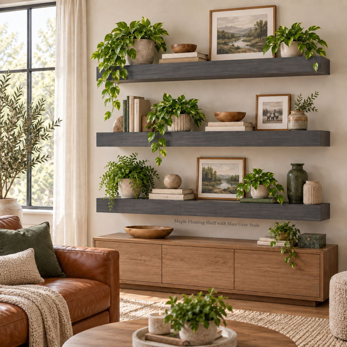A styled family room scene showing three dark gray floating shelves mounted on a beige wall, decorated with potted green plants, books, bowls, and framed landscape prints above a wooden credenza.