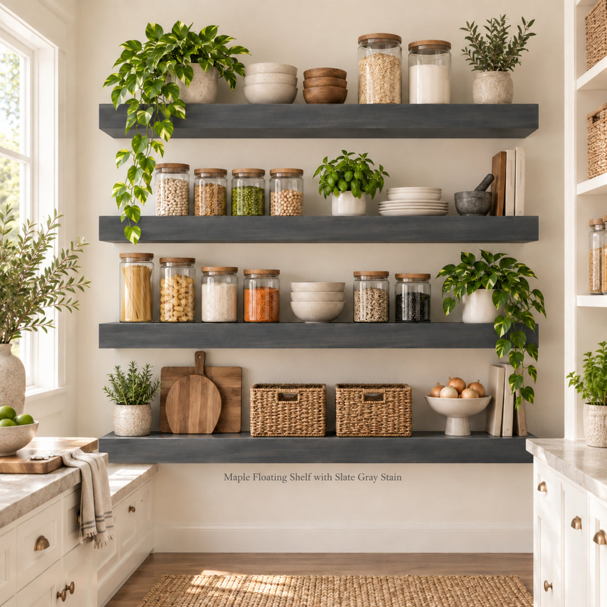 Four maple floating shelves in a slate gray finish, serving as open shelving pantry, styled with potted green plants, glass canisters, ceramic bowls, and woven baskets in a bright kitchen setting.