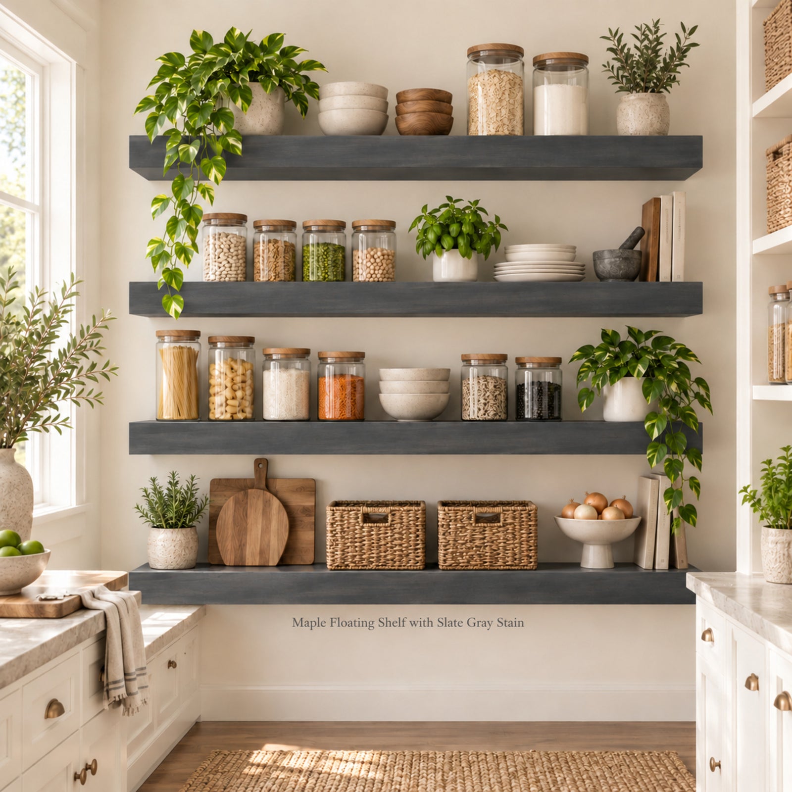 Four maple floating shelves in a slate gray finish, serving as open shelving pantry, styled with potted green plants, glass canisters, ceramic bowls, and woven baskets in a bright kitchen setting.