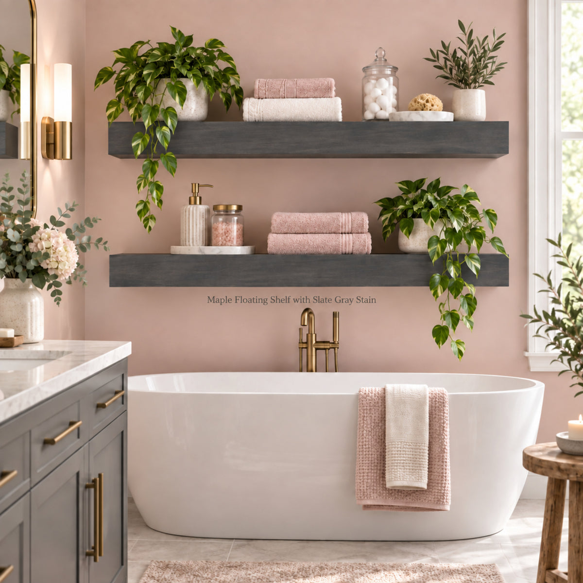 A freestanding white bathtub in a styled bathroom with a blush pink wall, floating dark gray shelves, green plants, folded pink towels, and gold fixtures. Small text near the shelves reads 'Maple Floating Shelf with Slate Gray Stain.
