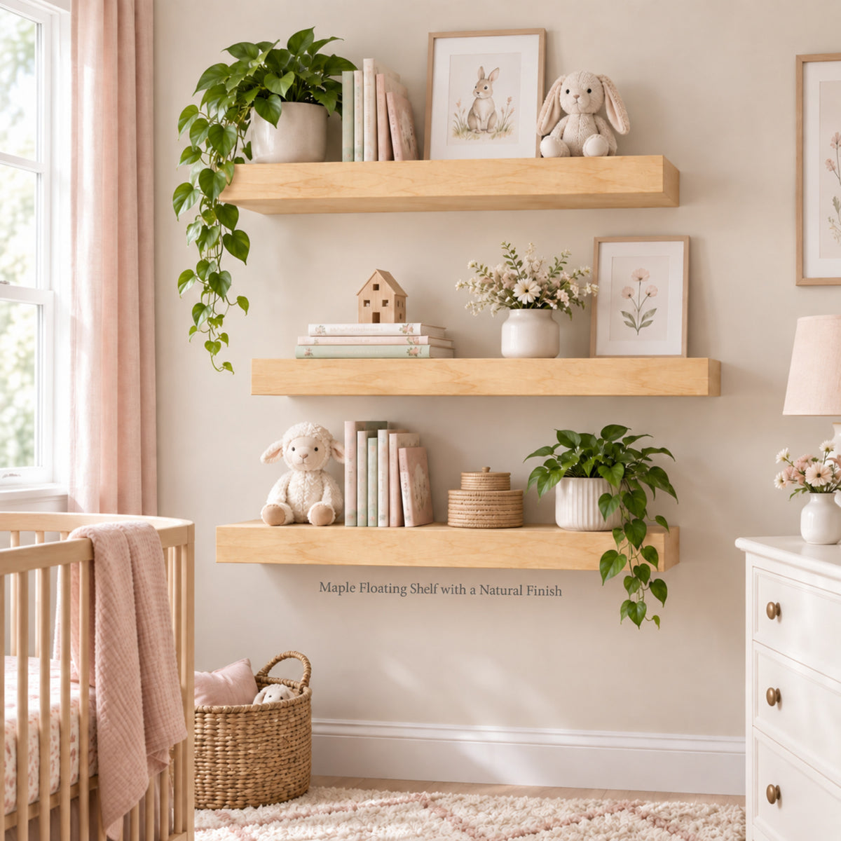 Three light natural wood floating shelves mounted on a beige nursery wall, styled with books, framed art, stuffed bunny toys, small flowers, and potted green plants. A crib, dresser, lamp, and basket are visible in the room.