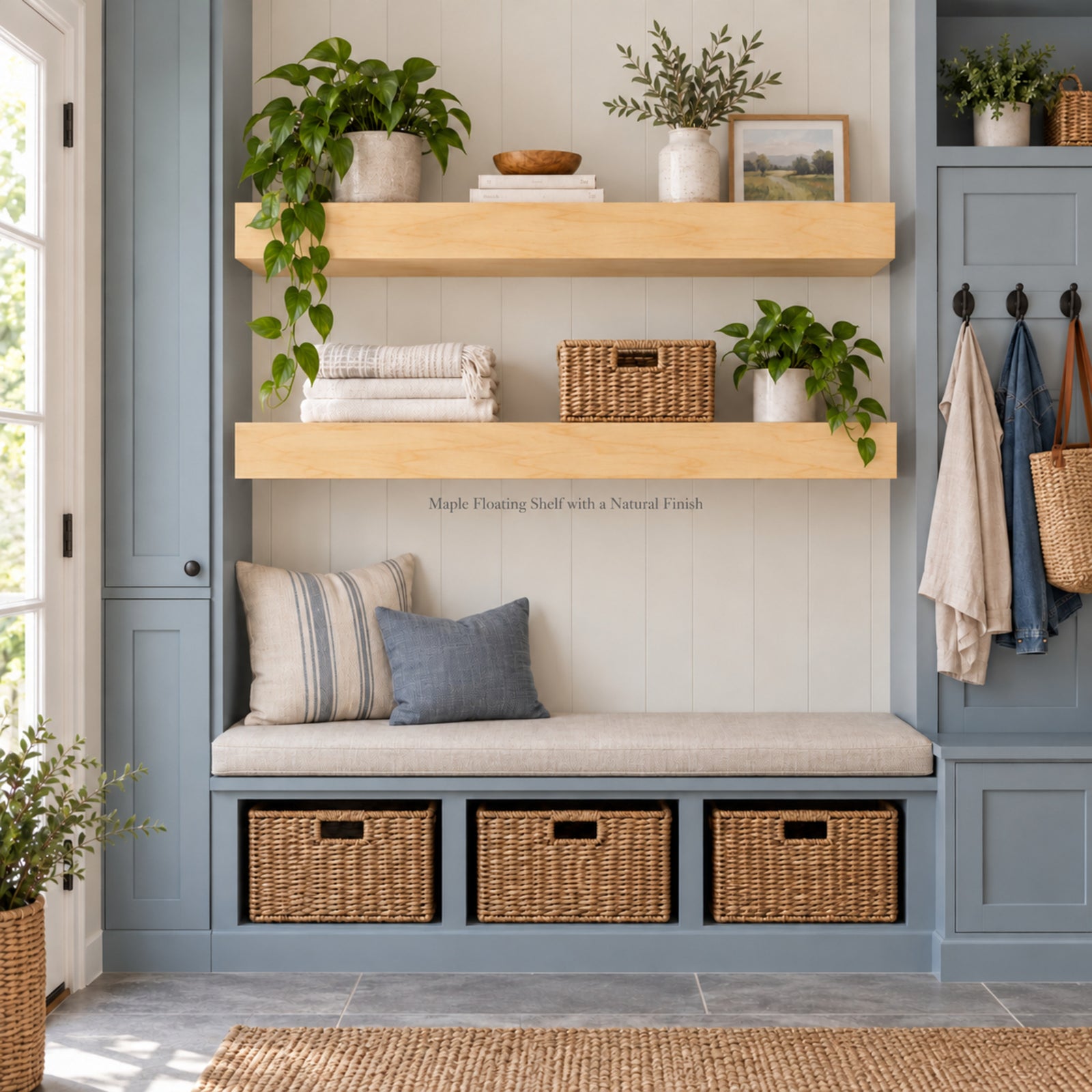 A styled entryway bench with two natural maple floating shelves above it, woven storage baskets, and neutral throw pillows, set against a white paneled wall in a blue-gray mudroom.